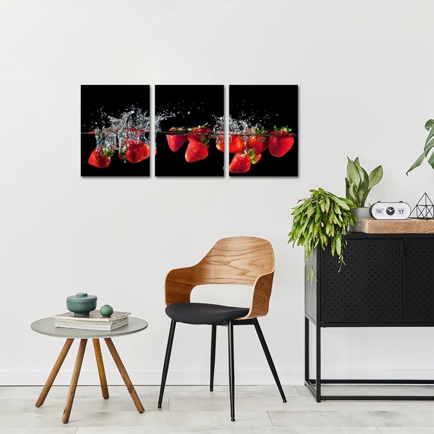 LevvArts 3 Piece Fruit Canvas Wall Art Kitchen Decor Fresh Strawberry in Water Picture Posters for Dining Hall Living Room Modern Black and Red Decorations (Small)