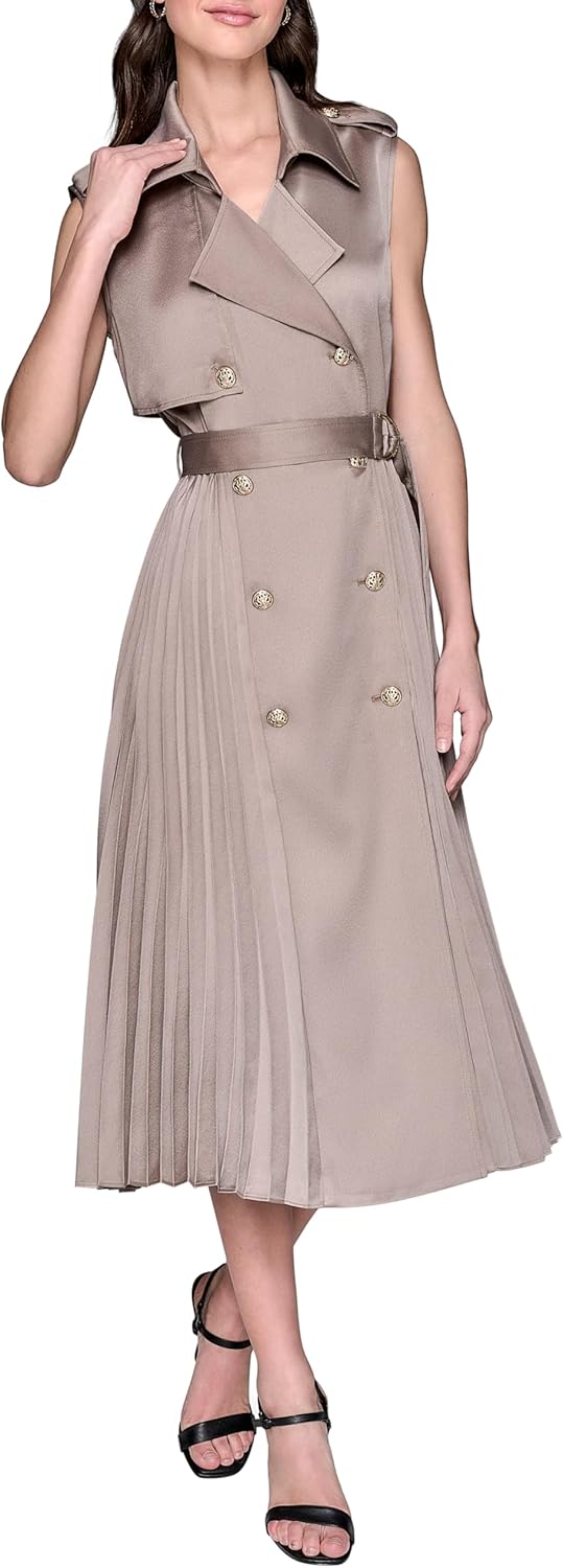 Karl Lagerfeld Womens Belted Sleeveless Satin Back Crepe Midi Dress