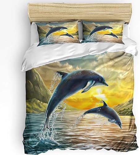 Juego de funda de edredón tamaño Queen de 3 piezas hermoso paisaje de delfín estampado de animales marinos juegos de ropa de cama suave con cierre