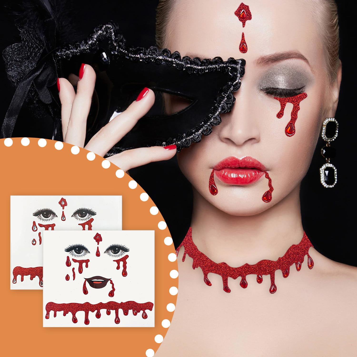JNAWA 2Pieces Halloween Vampire Makeup Stickers Glitter Face Jewels Fake Blood Drop Funny Halloween Stickers for Women Vampire Costume Accessories - Image 4