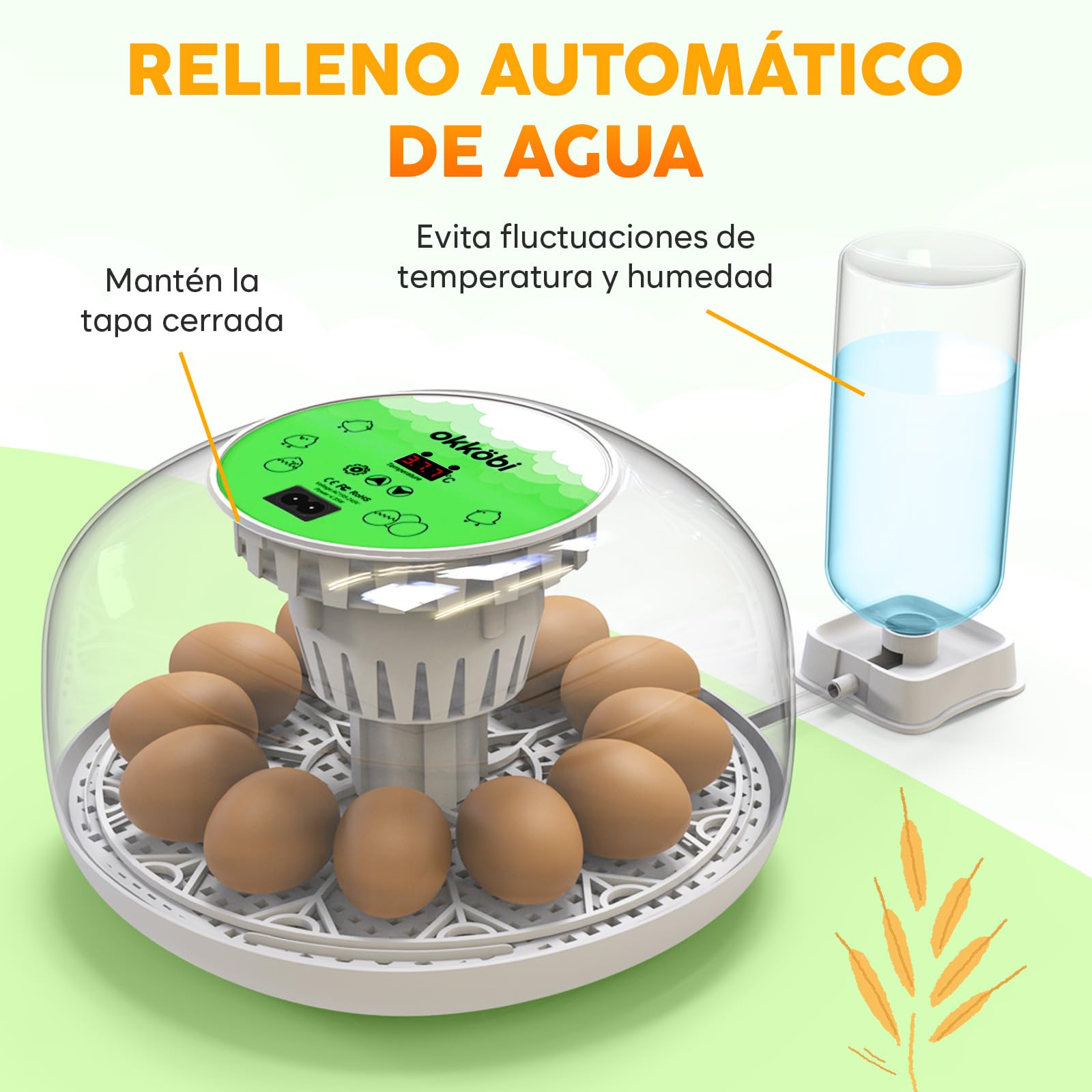 Okkobi M12 - Incubadora Huevos Gallina Automática - Volteo Automático y Control de Humedad - Chocadeira Ovos Automática - 12/24 huevos, Vista 360°, fácil de usar y limpiar - Blanco y verde