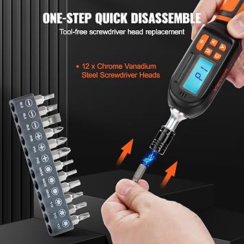 VEVOR Digital Torque Screwdriver, 1/4 Drive Screwdriver Torque Wrench, Electrician Torque Screwdriver with LCD, 2.65-70.67 in-lbs Torque Range, 0.01 N.m Increment Torque Screwdriver with Bits & Case
