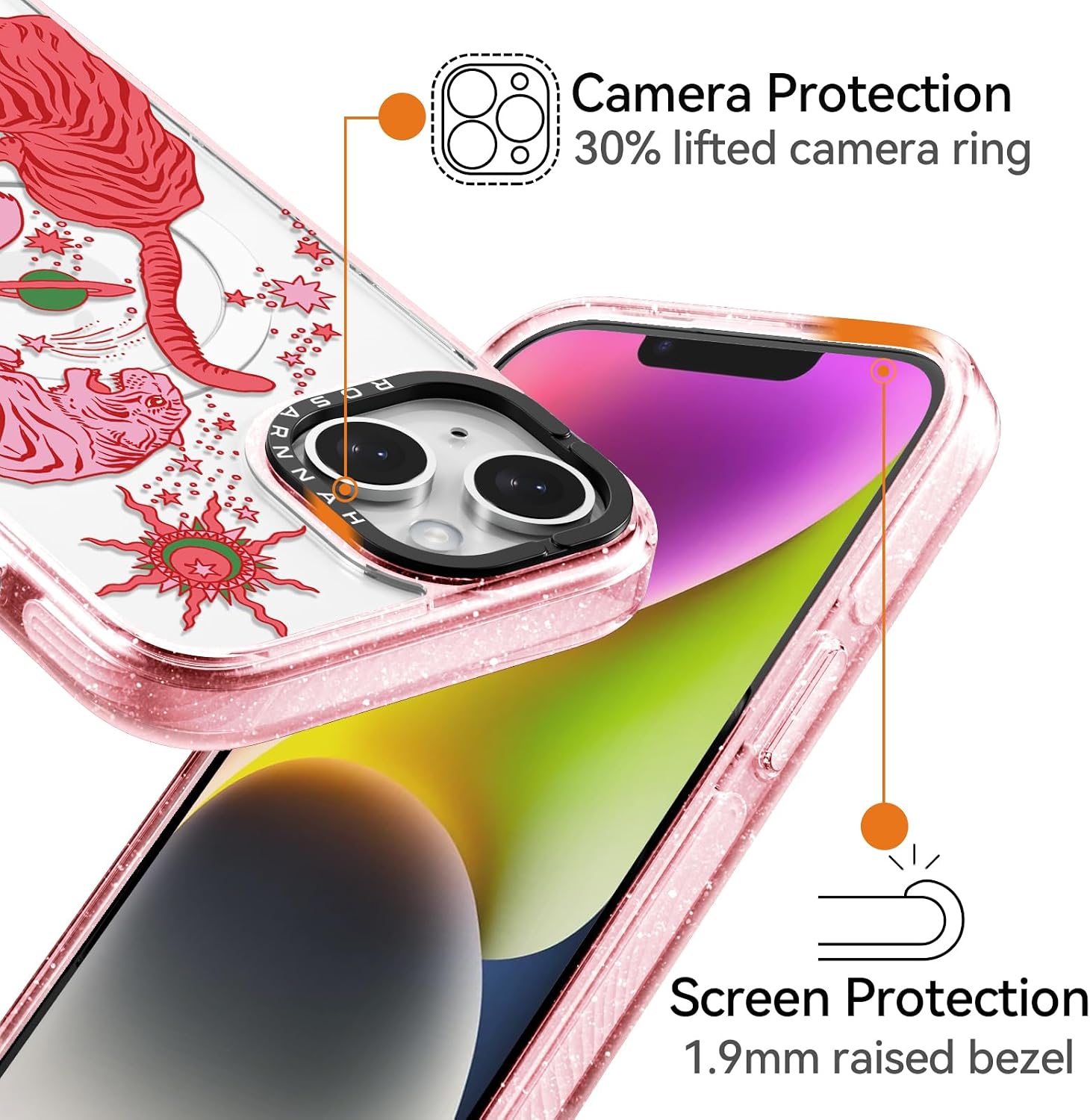 Rosarnnah for iPhone 14 Case Cute - Compatible with Magsafe - Durable Shockproof 6.6 ft Drop Impact Phone Case - Funny Tiger Design (6.1") Glitter Pink