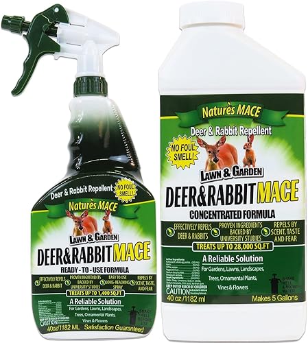 Nature's MACE Maza para Ciervos y Conejos, repelente de ciervos para plantas, kit combinado de 40 onzas, spray de menta, mantiene a los ciervos