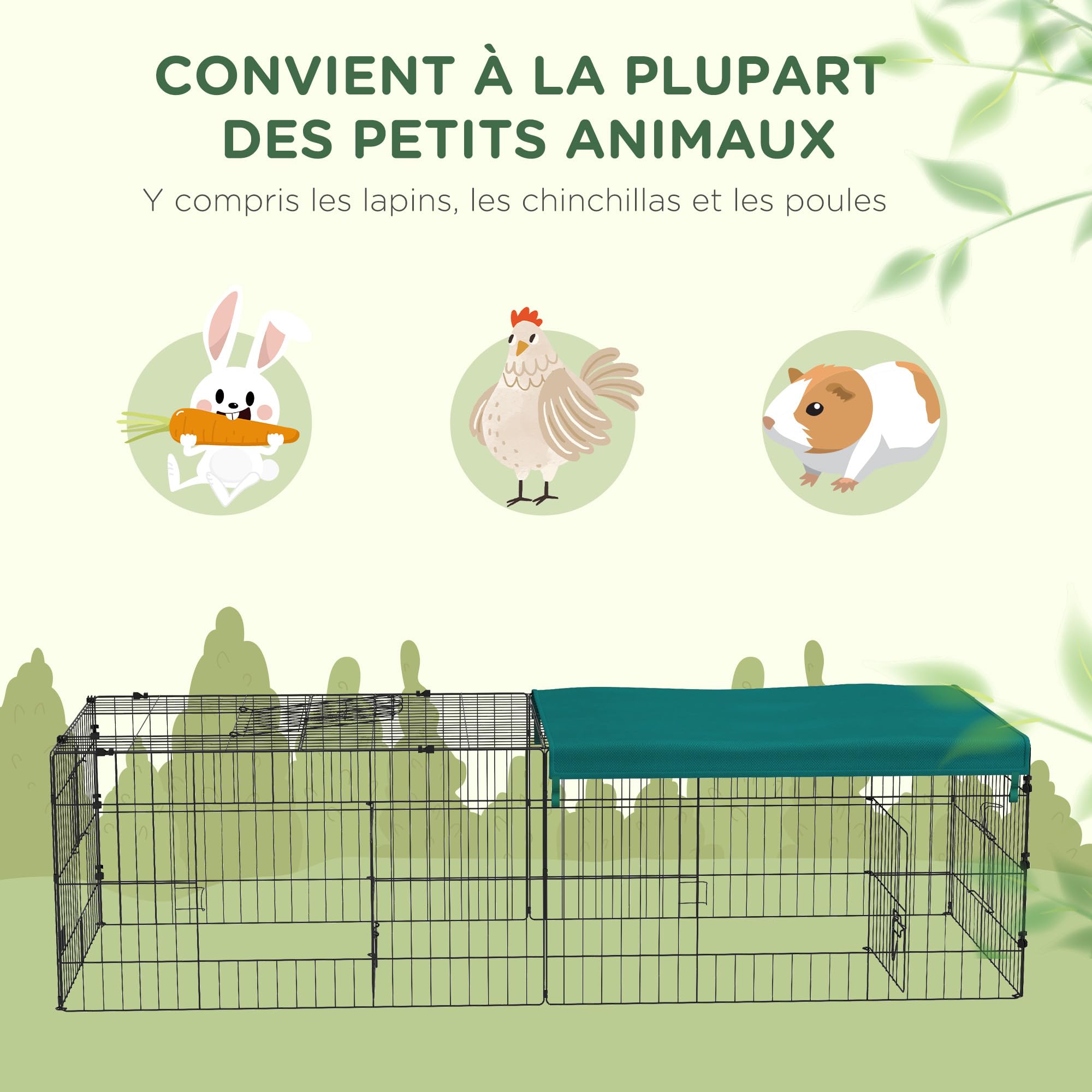 PawHut Parc enclos modulable Acier avec bache pour Lapins rongeurs Petits Animaux 185x75x50 cm Vert
