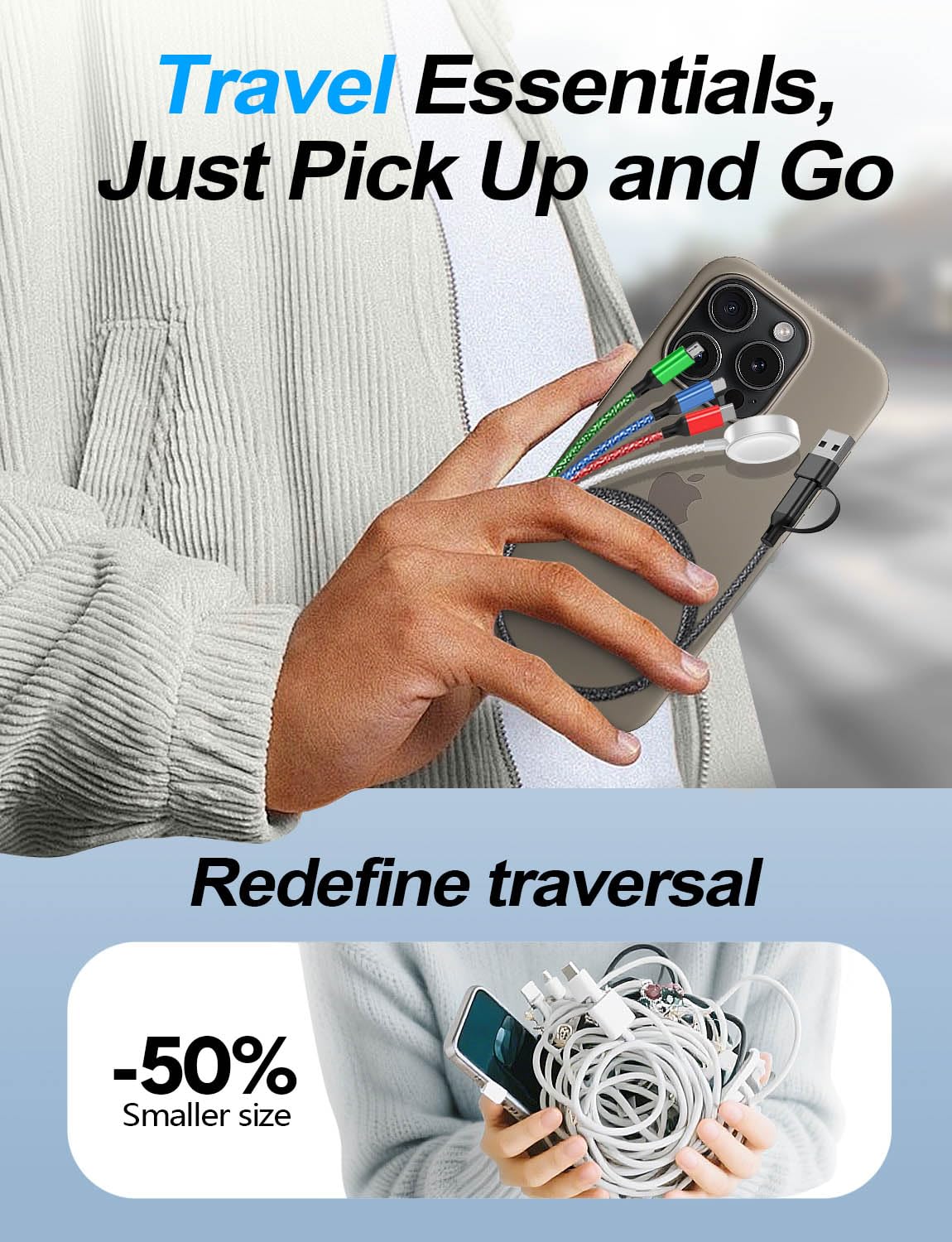 Travel Essentials, paquete de 2 cables de carga múltiple para Apple Watch, cargador de iPhone, cargador Samsung, tipo C, Lightning, iWatch, cable de carga micro para iWatch Ultra/10-2/iPhone/Galaxy