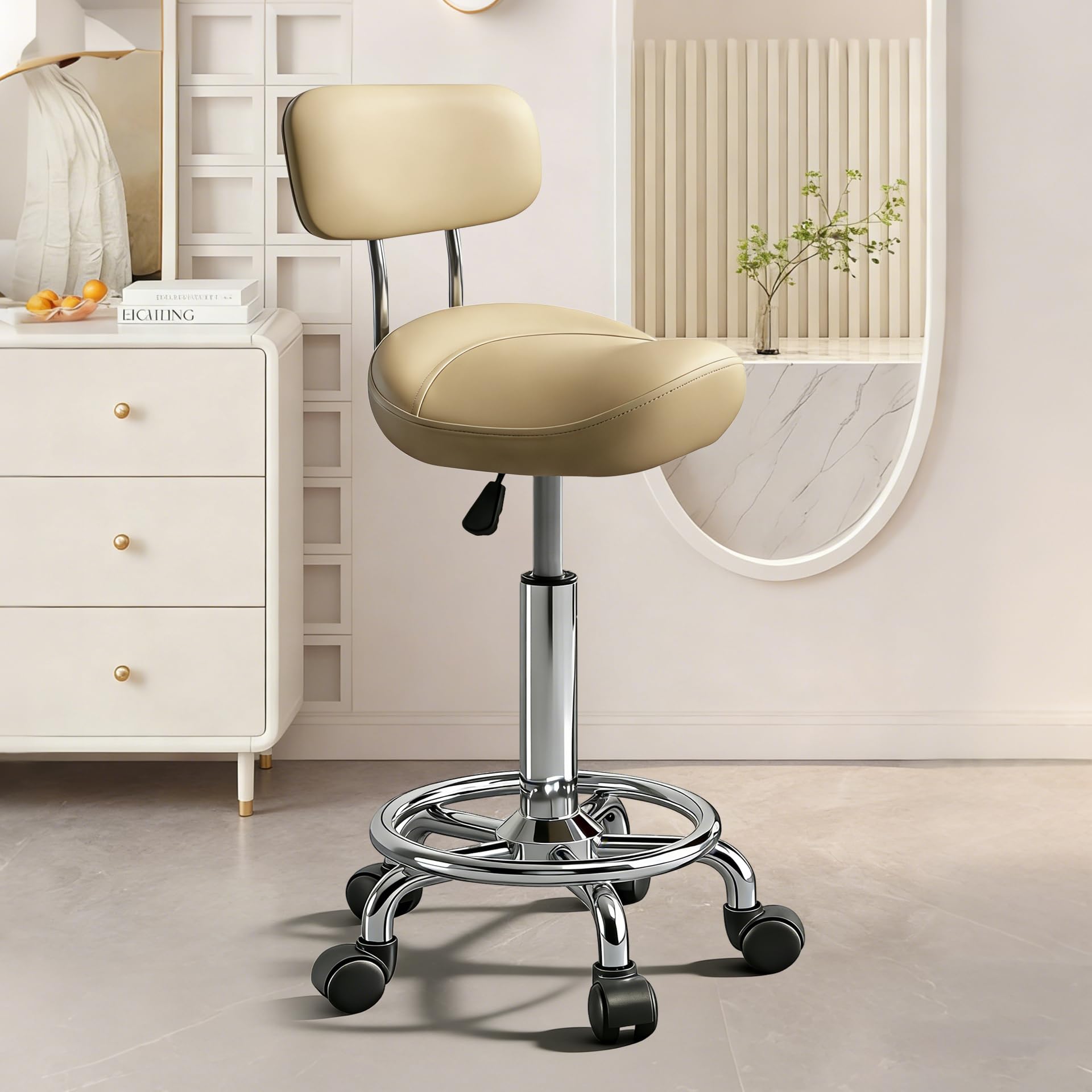 Saddle Stool with Ring Pedal and Back, Adjustable Hydraulic Rolling Chair with Wheels for Medical, Massage, Salon, Spa, Kitchen, and Drafting Use