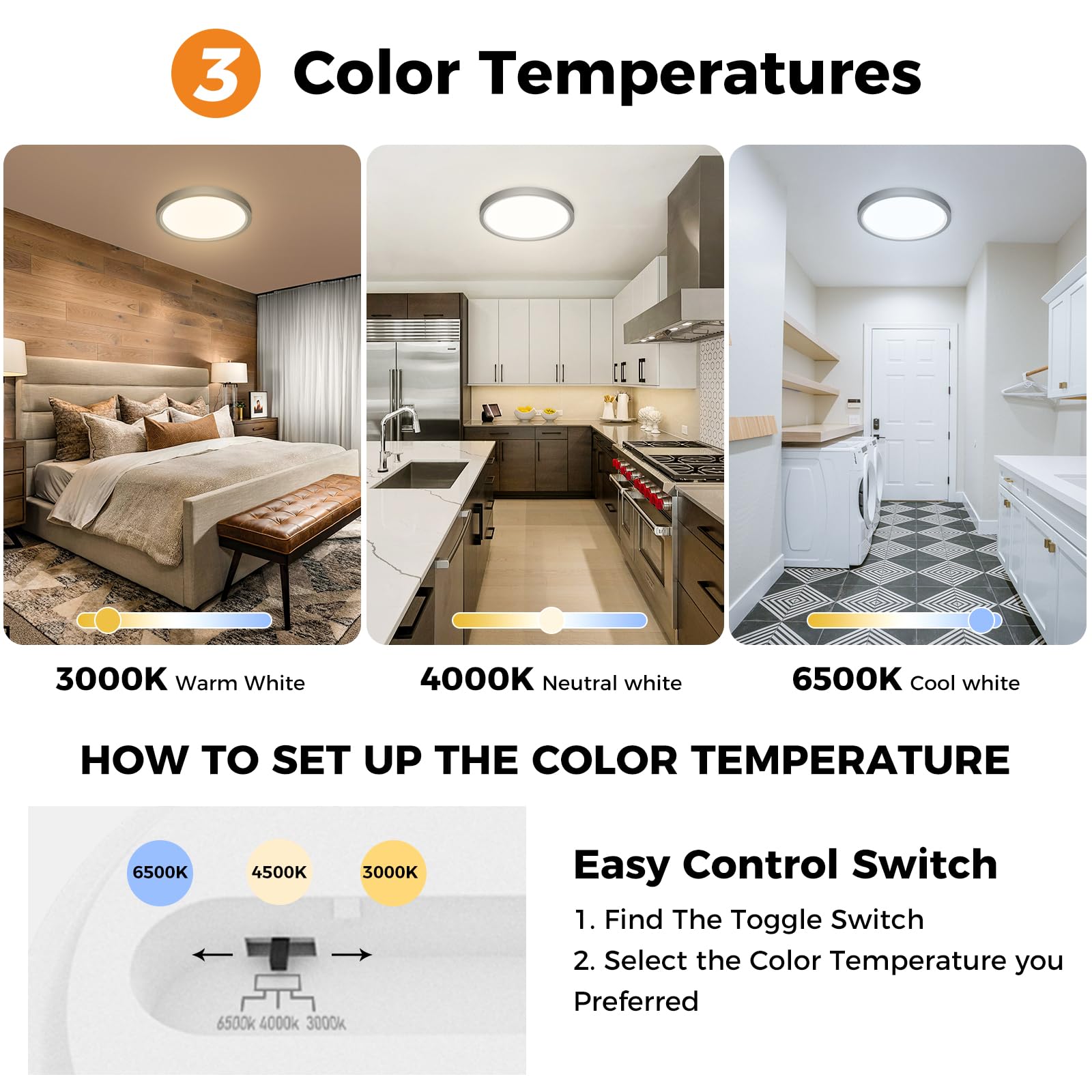 slochi 2 Pack Bathroom Light, 3000K/4000K/6500K 3 Color Temperature, Waterproof IP44, Small, Round, Modern - Image 2