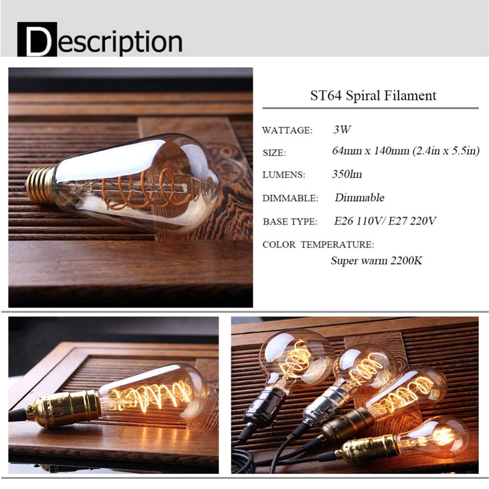 Bombilla LED ST64 de filamento Espiral, Bombilla Edison de 3 W, Base de Rosca E27, Cristal ámbar, 2200 K, lámpara Decorativa Retro Regulable de filamento Flexible, 6 unid