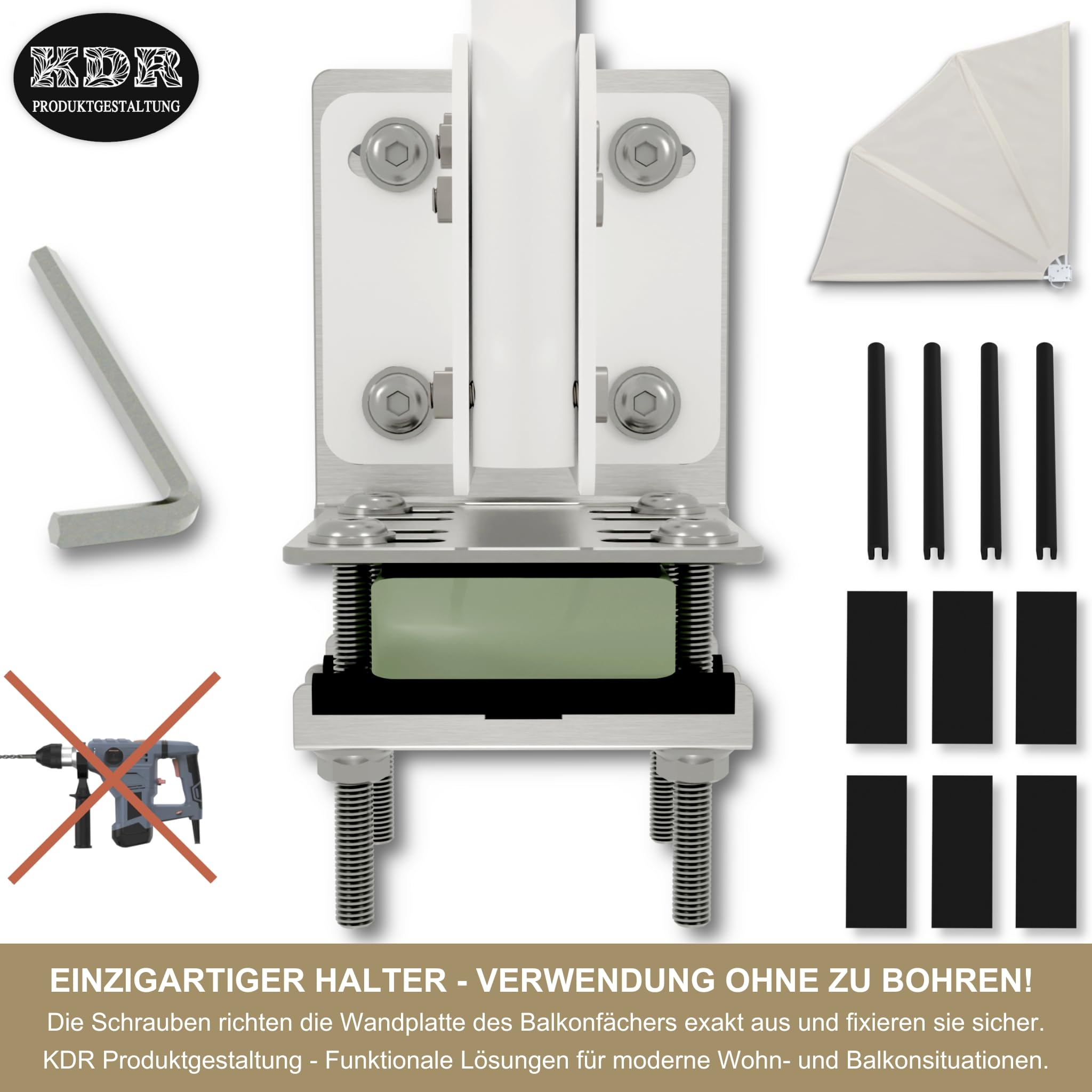 KDR Balkonfächerhalter aus Edelstahl – Halterung ohne Bohren für Balkonfächer & Seitenmarkisen bis 160×160 cm – Klemmhalter für runde & eckige Geländer – rostfrei, wetterfest, stabil