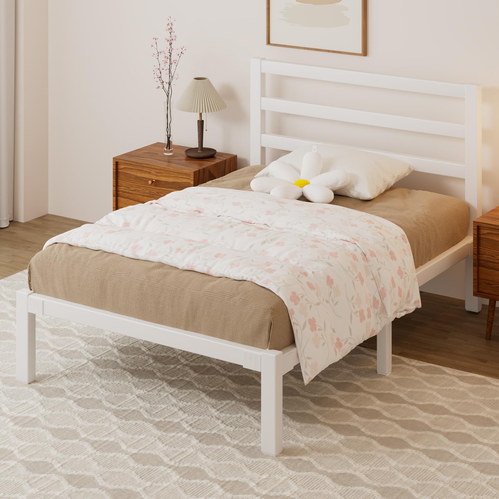 E-Motie Bett 90×200, Metallbettgestell 90 × 200 cm mit Kopfteil, Stauraum unter dem Bett, Modernes Jugendbett mit Lattenrost, Einfache Montage, Weiß