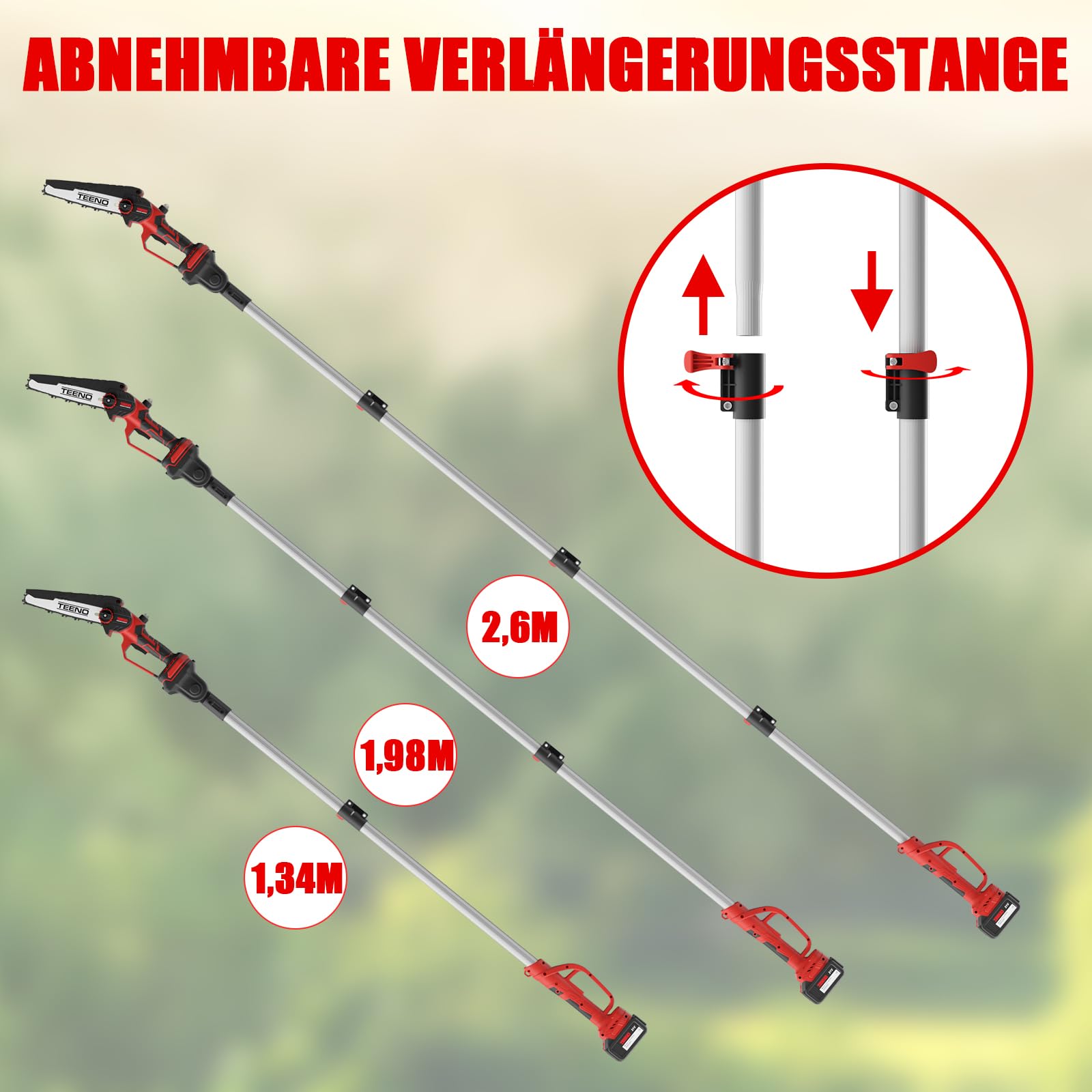 TEENO Hochentaster, Elektrische Kettensäge, 2 in 1, Elektrischer Teleskop-Kettensäge, Teleskopstange, 6 Zoll, 2 * 4000 mAH Akku