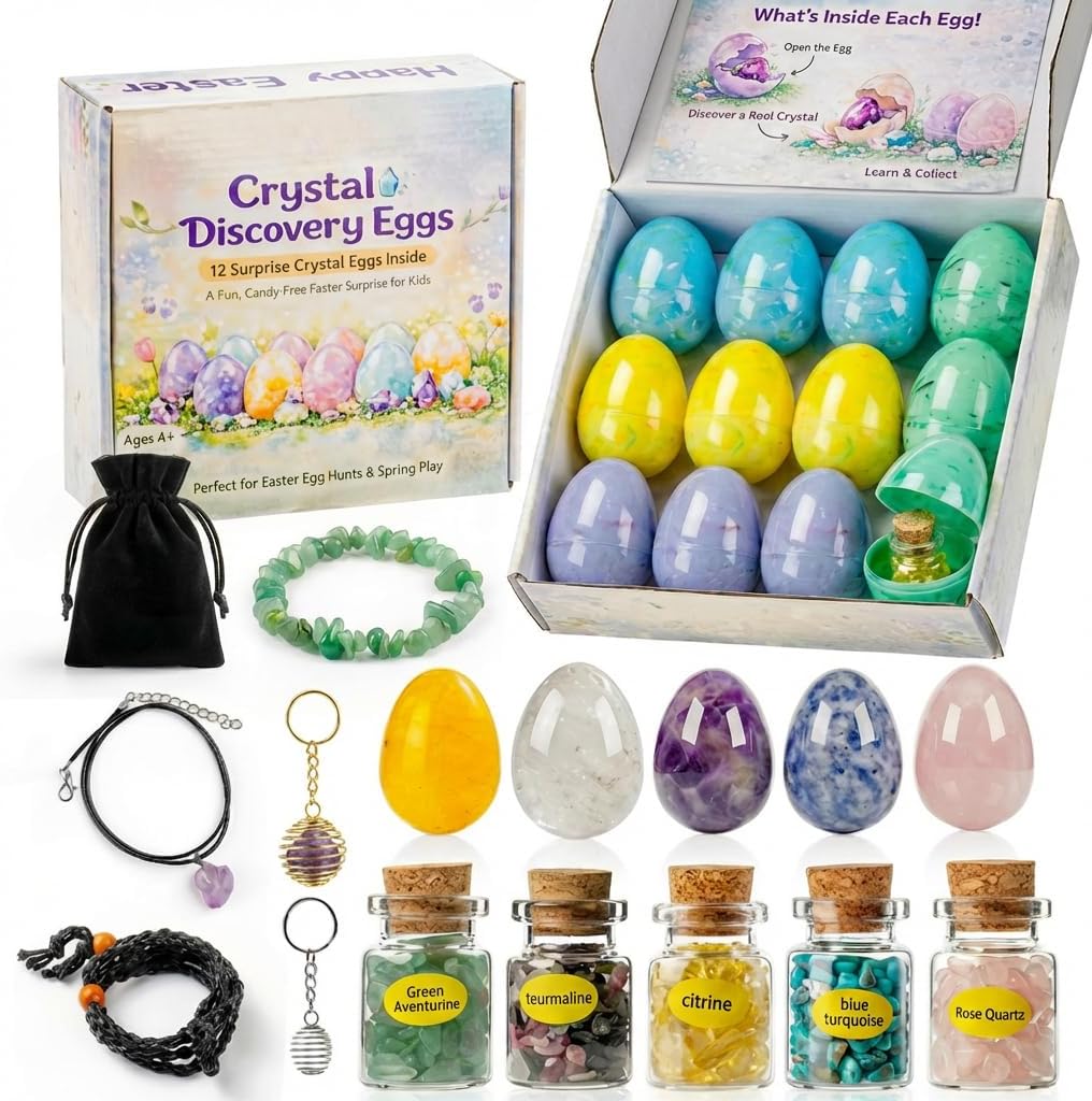 Easter Basket Stuffers, 12PCS Prefilled Easter Eggs with Gemstone Crystals & Jewelry Set, Bracelet Necklace Keychain for Easter Egg Hunt