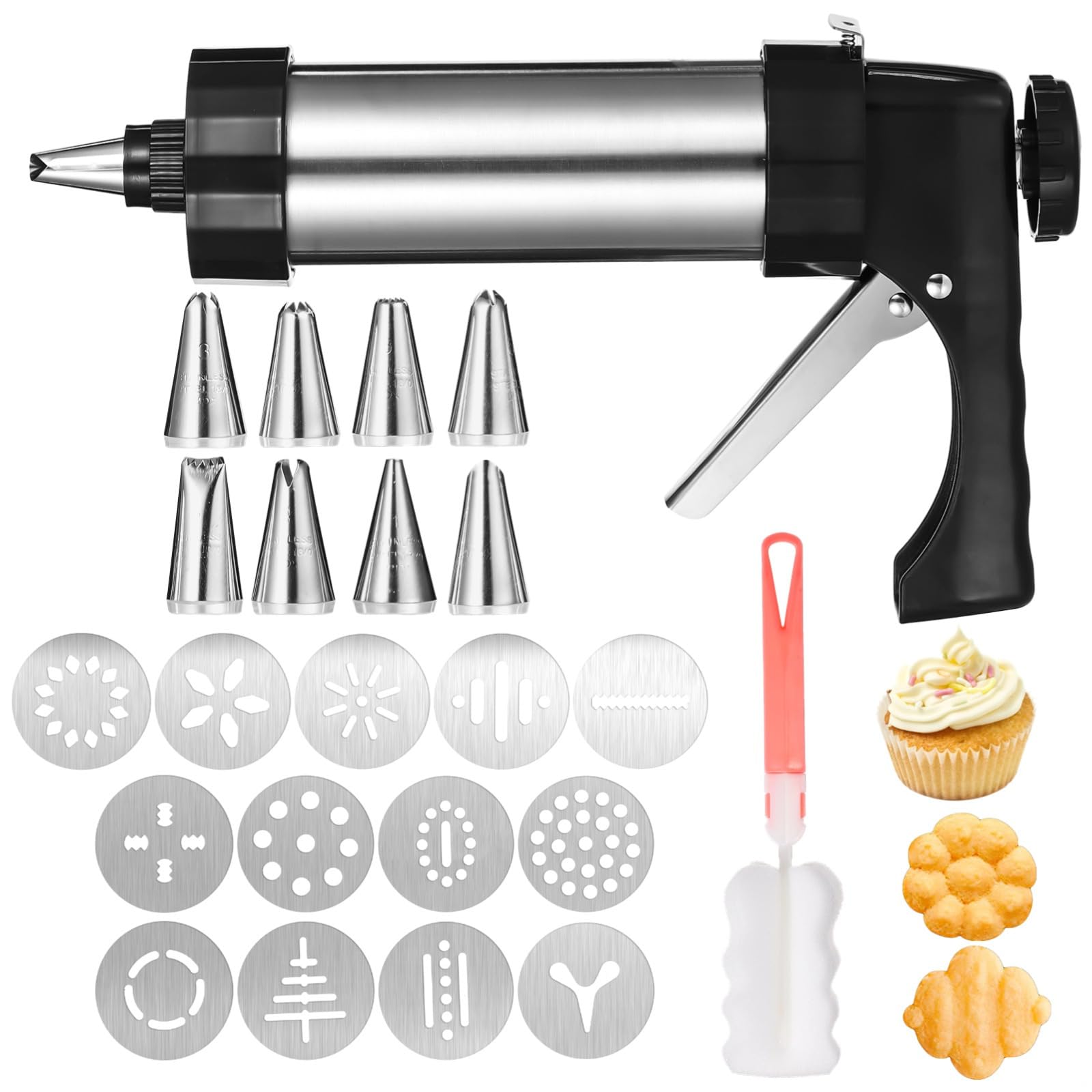 Stainless Steel Cookie Press Machine, 13 Cookie Discs, 8 Decorating Tips & Cleaning Brush, Perfect for Decorating and Baking Cookies, Cakes, and More