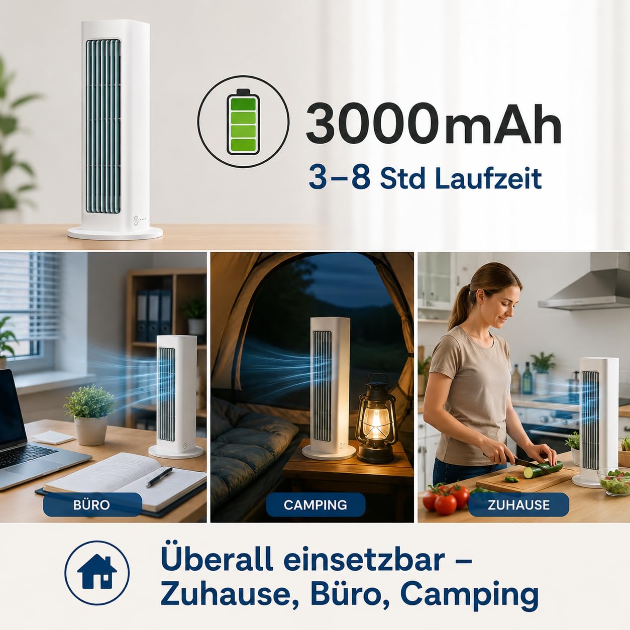 XJQ Breezamax Ventilator, Klingenloser USB Ventilator mit Akku, 3–8 Std Laufzeit, Wiederaufladbar und Tragbar, mit Fernbedienung, 3 Geschwindigkeiten, für Zuhause, Büro, Camping (Weiß)