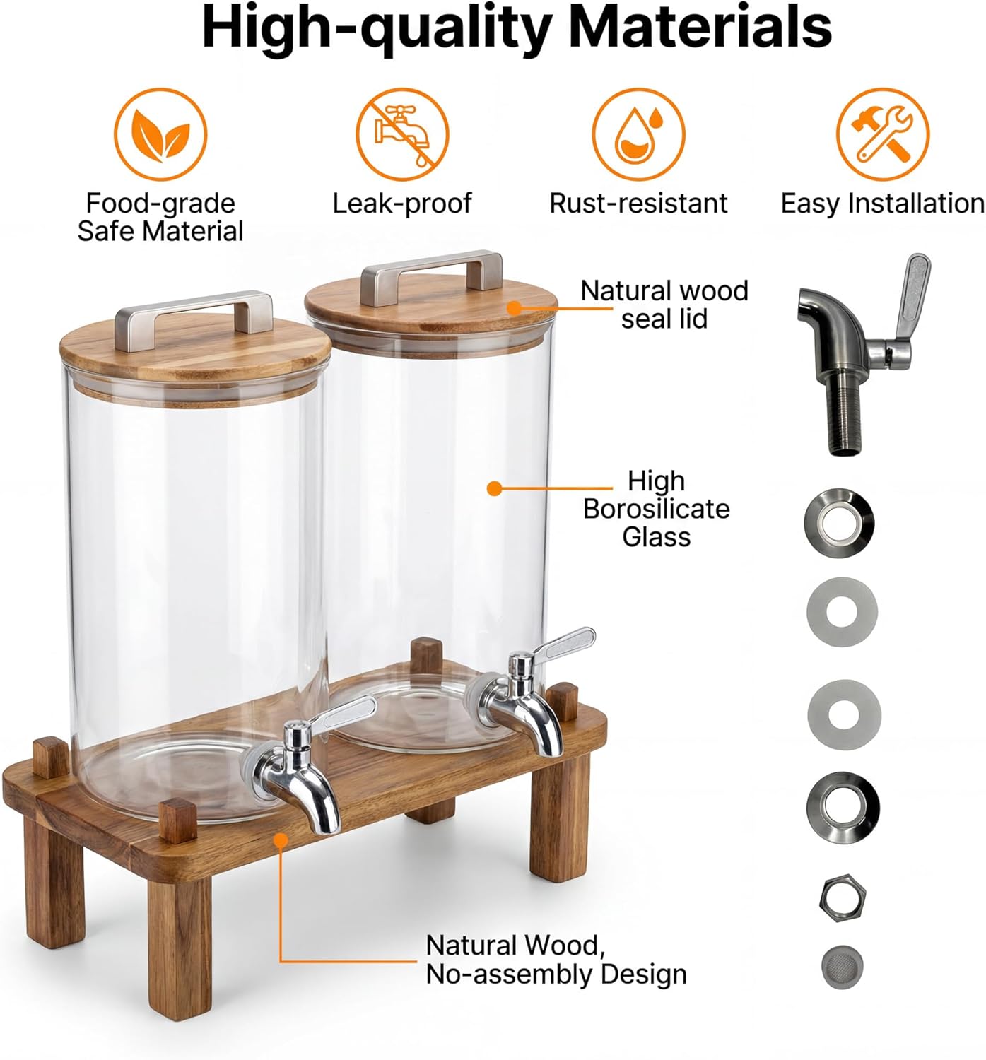 MerryNine 2PCS 1.1 Gallon Glass Drink Dispensers for Parties with Wood Stand, Punch Borosilicate Glass Beverage Dispenser, Leakproof Filter Stainless Spigot for Hot/Cold Lemonade Juice Tea Party Event - Image 3