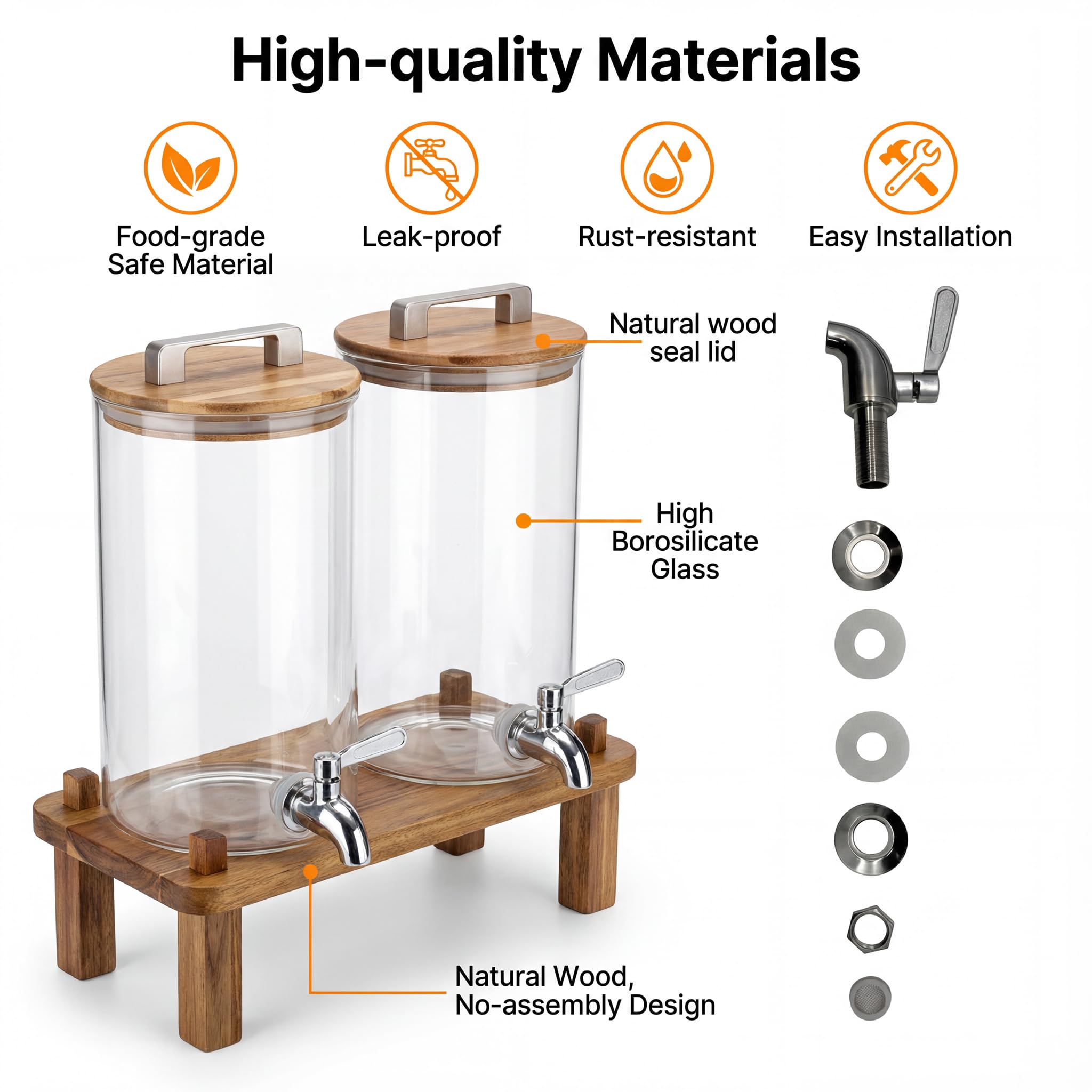 ‌MerryNine 2x4L Verre Distributeurs de Boissons, Distributeur Boissons avec Support en Bois, avec Robinet en Acier Inoxydable, Distributeurs d'Eau pour Fêtes, Idéal pour Limonades Froides ou Chaudes