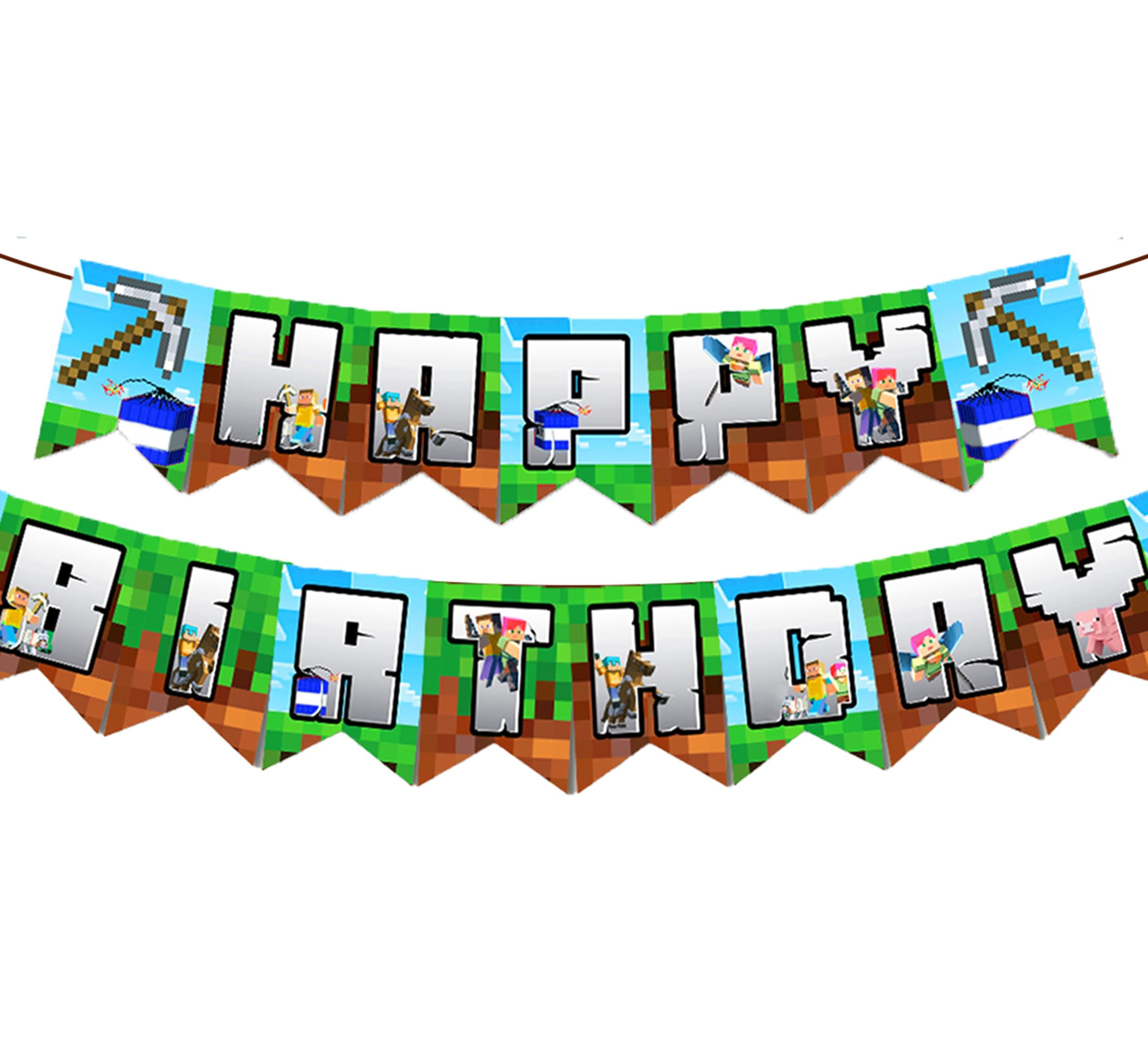 IndoTribe Pixel Happy Birthday Banner Pre-strung - 10 Ft Video Game Birthday Decorations Pixel Bday Decorations Miner Backdrop Pixel Birthday