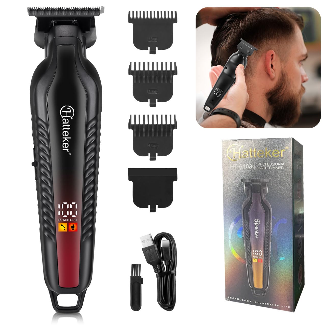 HATTEKER HT-6103 Professional Hair Trimmer, 6500 RPM High-Speed Motor, Zero Gap T-Blade, 1200mAh Battery, LED Display, USB Type-C Charging, 240 Minutes Runtime RED-image-24