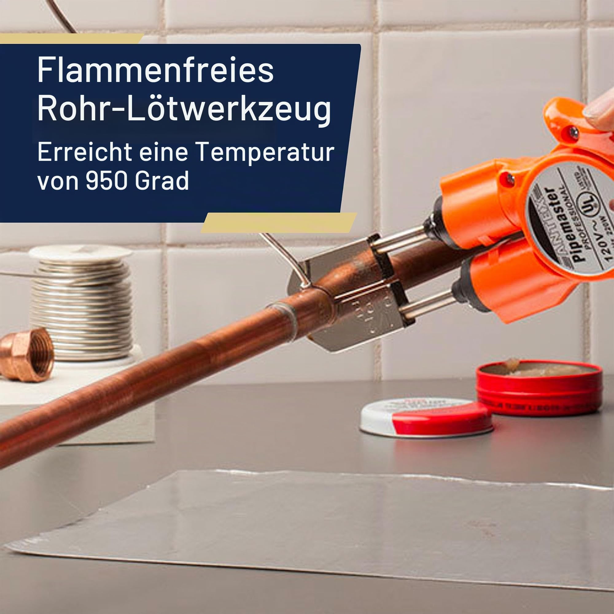 PipeMaster, Professionelles Kupferrohr-Lötwerkzeug, Keine offene Flamme, Perfekt für enge Räume, 115 V, Erwärmt bis zu 950 Grad, Schnelles Aufwärmen zwischen den Verbindungen, 1/2 Zoll Standardköpfe