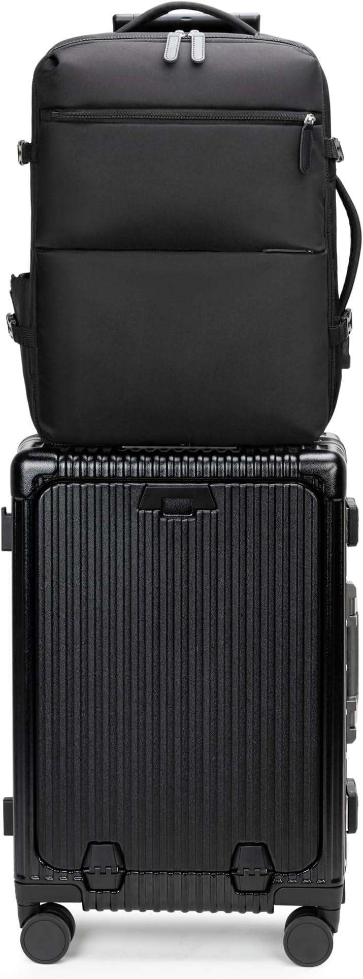 feilario 2 Piece Set Aluminium Frame PC Hard Shell Spinner Wheels Luggage,20.8"X15"X8.7 Airline Approved Built-In TSA lock Carry on Suitcase, with Cup Holder, USB Port, Phone Holder