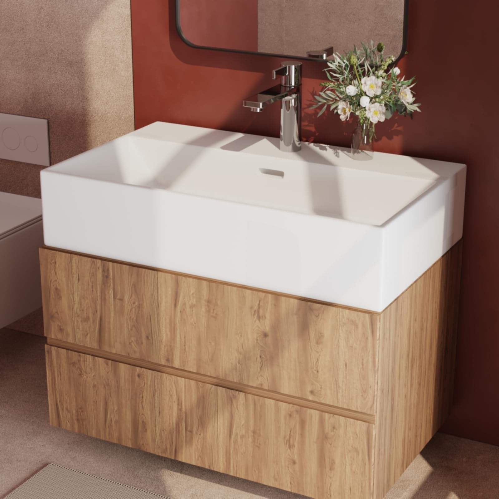EMKE Waschbecken Eckiges Design Handwaschbecken, Hochwertige Keramik Hängewaschbecken mit dünnem Rand, Waschtisch Für Badezimmer Gäste-WC (600x360x130mm, Weiß)