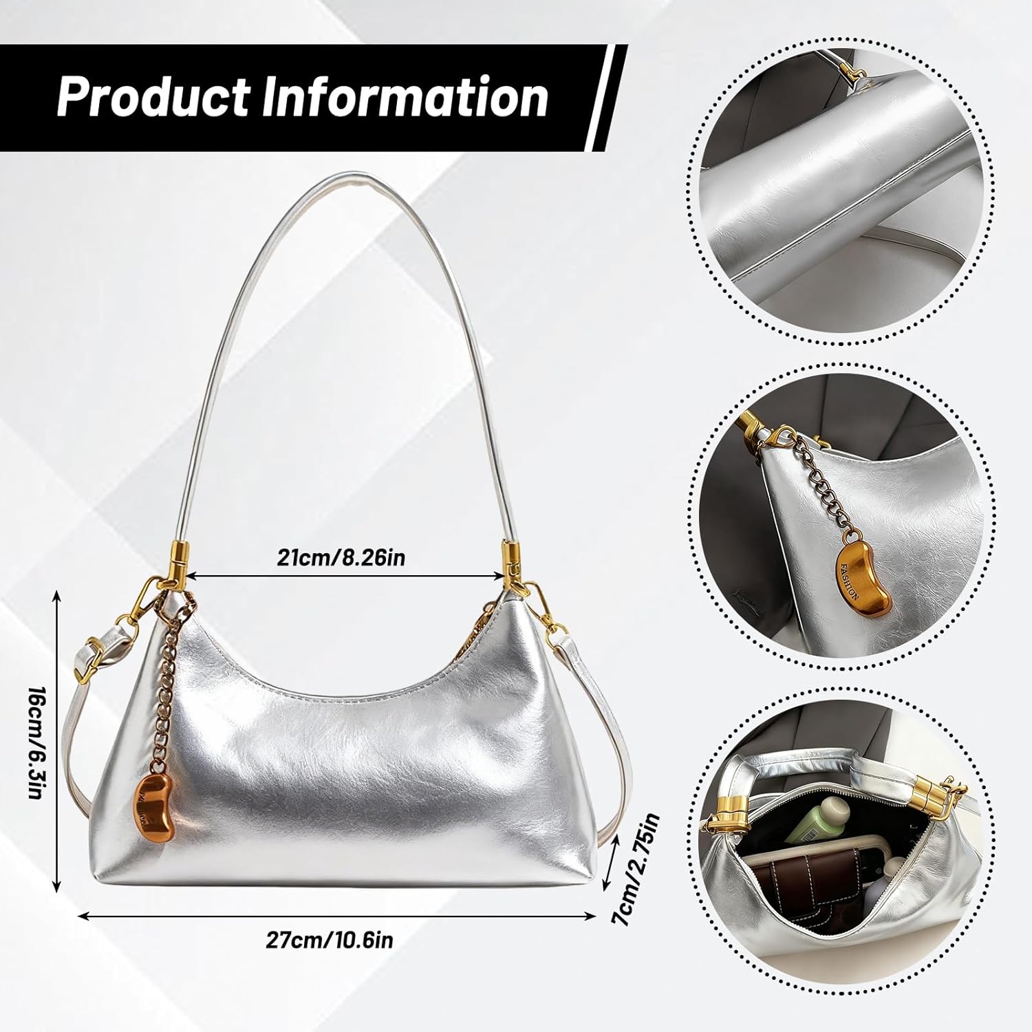NEBIL Shoulder Bag for Women Small Vintage Shoulder Purse Handbags Retro Purse Cute Clutch Hobo Underarm Bag (Silver)