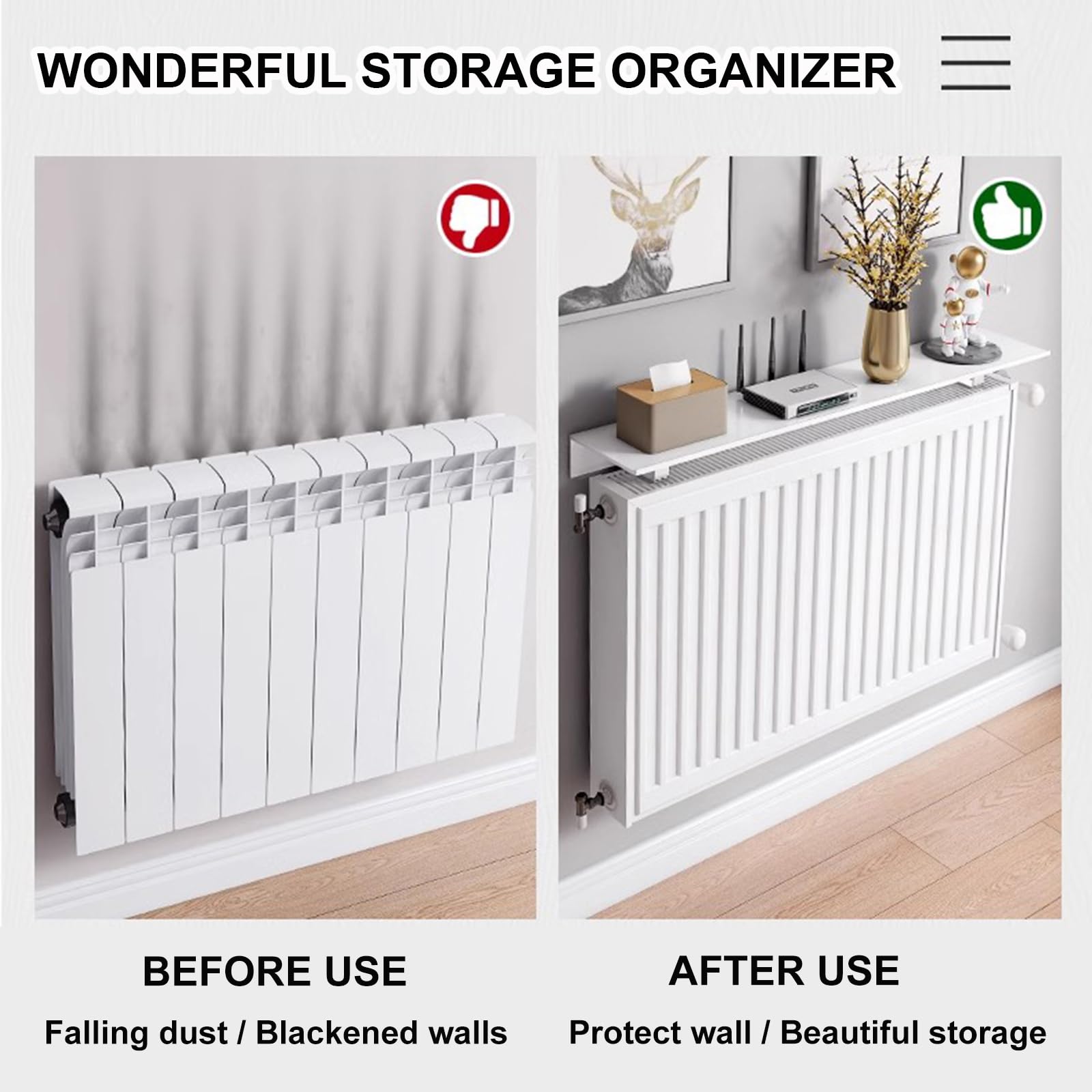 Witte drijvende radiatorplanken, verbeterde slanke radiatorafdekking anti-rook stofdicht, 15,1 cm diepe aluminium boven radiatorplank zonder boren, draagkracht 27 kg, L 40 cm