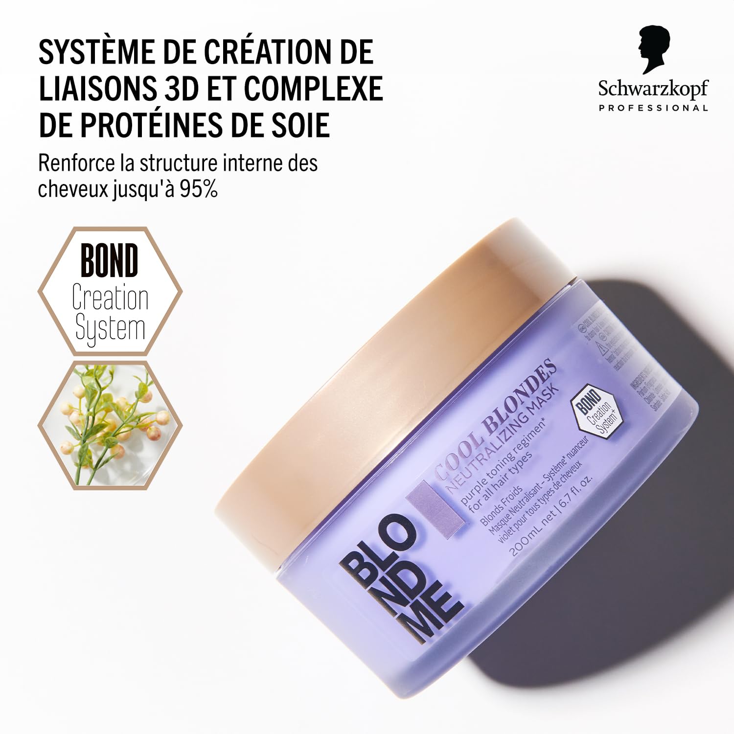 Schwarzkopf Professional BLONDME Cool Blondes Masque Neutralisant Cheveux Colorés Éclaircis 3D Bond Creation Technology Complexe De Protéines Fleur De Velours Rafraîchissant Adoucissant 200 ml
