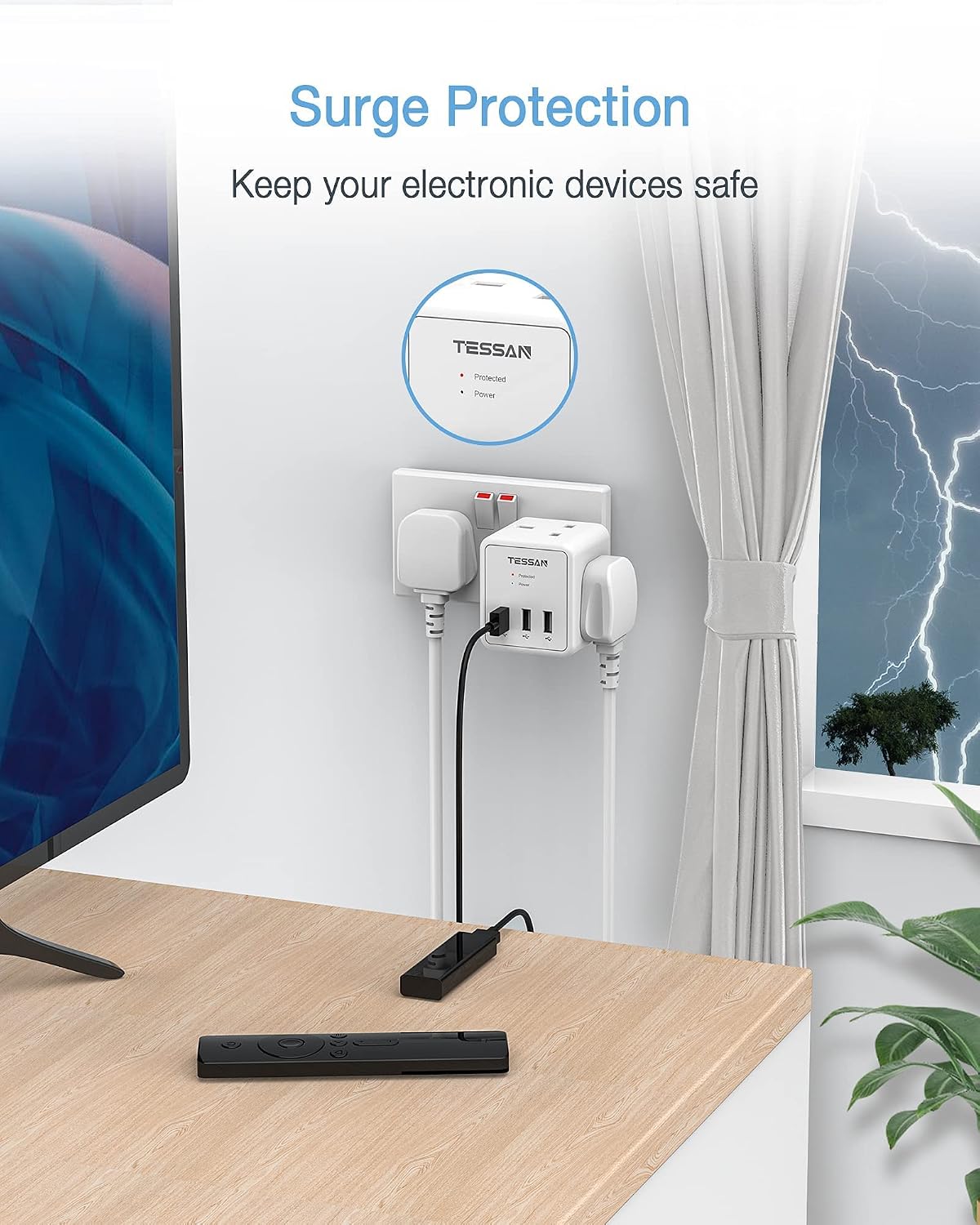 Double Plug Adaptor UK, TESSAN Surge Protected 2 Way Plug Adapter with ...