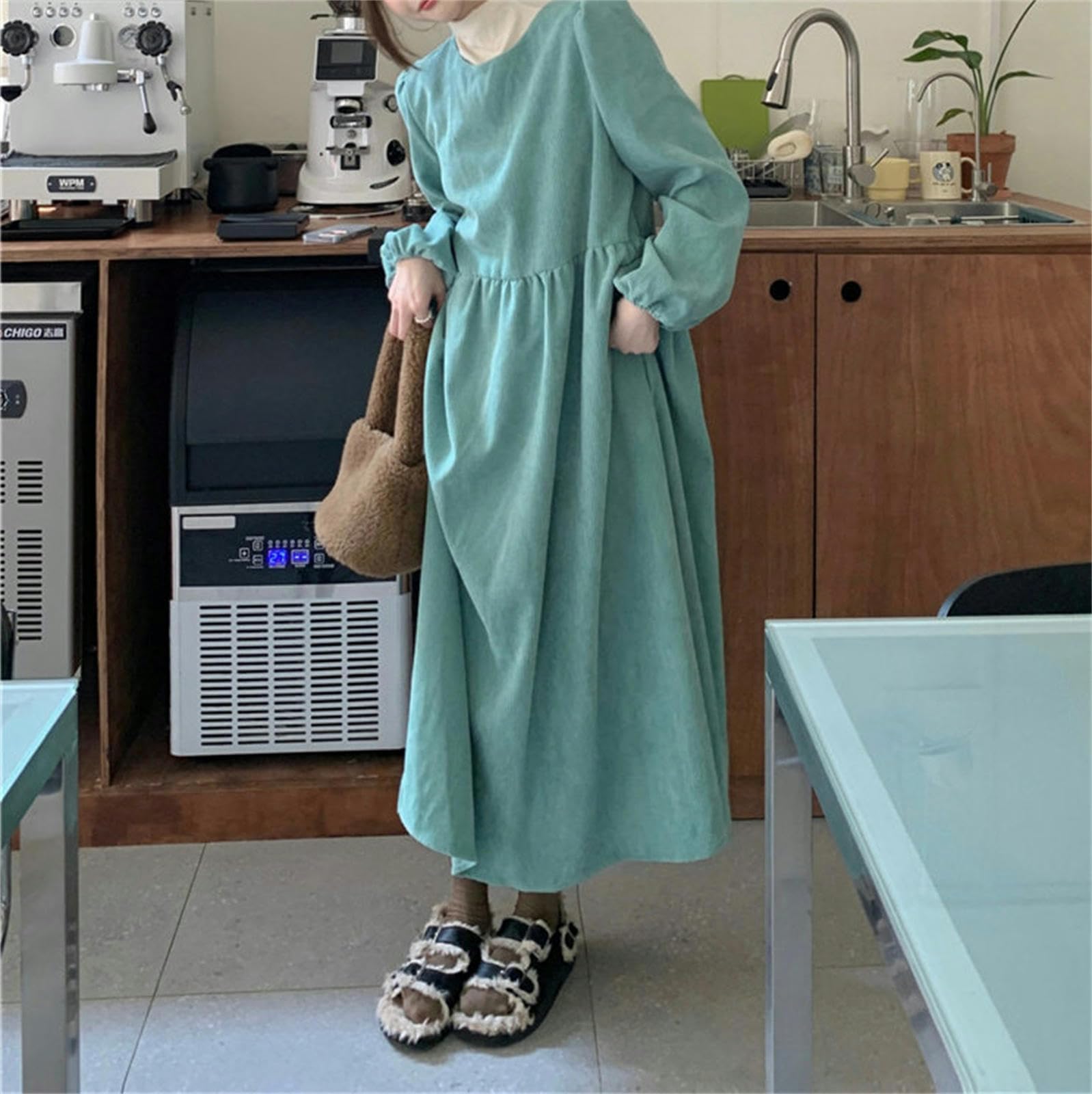 Vestito Donna Autunno Abito A Velluto A Velluto A Maniche Lunghe di Lanterna Francese Femminile Abito Lungo da Donna-Rosso Chiaro-XL