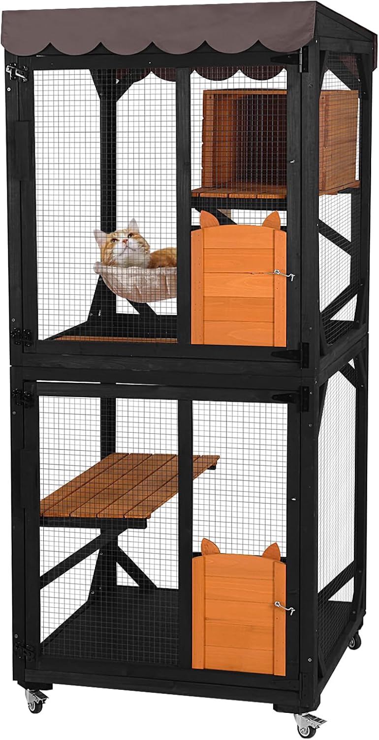 Aivituvin Catio Outdoor Cat Enclosure on Wheels Indoor Kitty House with Cat Bed, Scratching Post, Jumping Platforms, Waterproof Roof