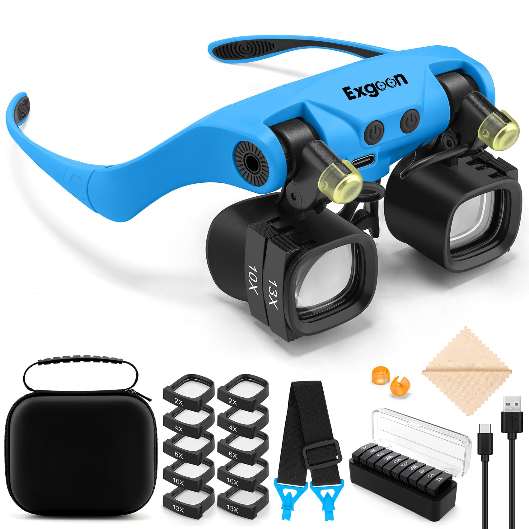 Magnifying Glasses with Light, 2X to 23X Headband Magnifier with 5 Pairs Interchangeable Lens (2X 4X 6X 10X 13X), Hands Free Rechargeable Magnifying Glass for Hobbies Jewellers Crafts Repair (Blue) โ image 1