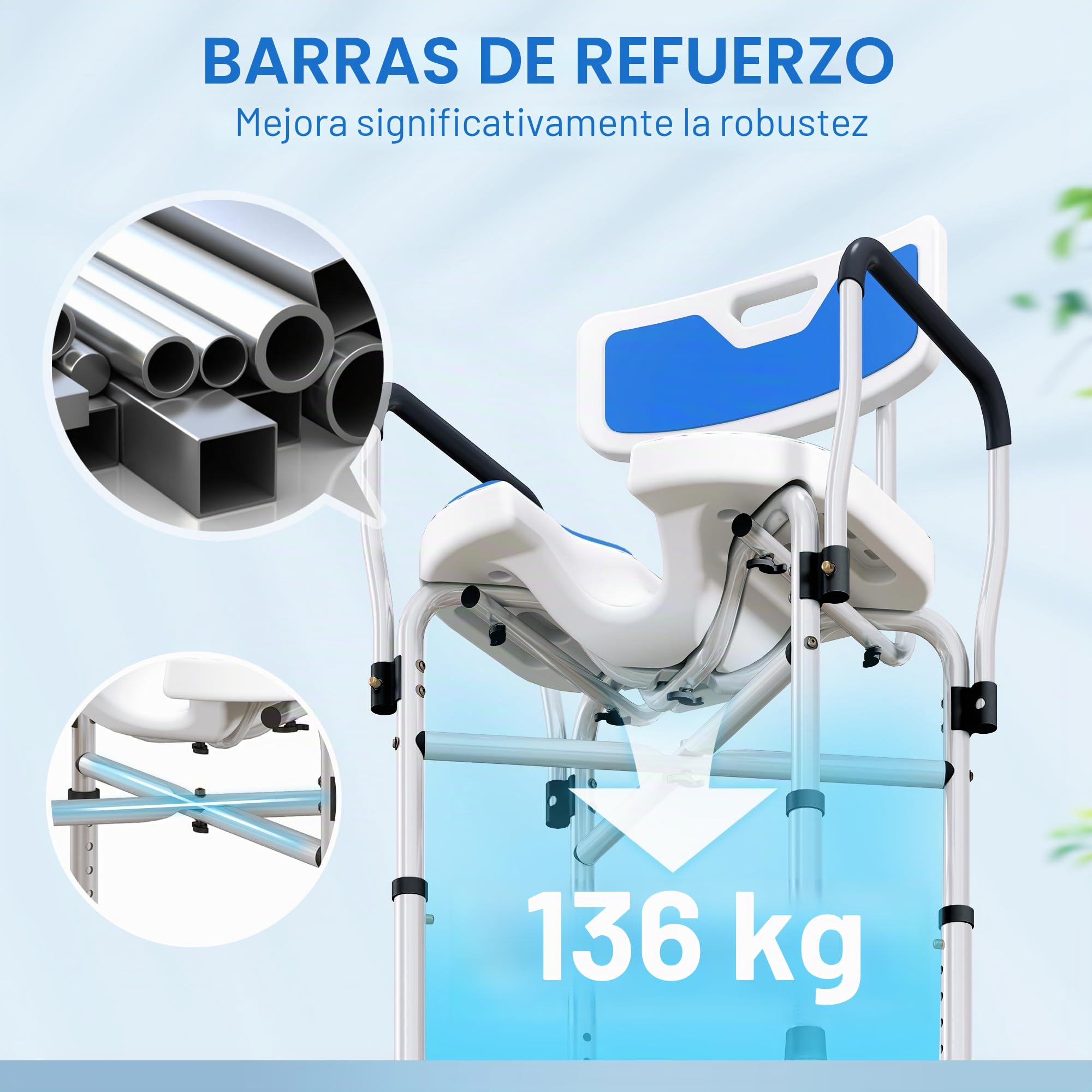 HOMCOM Silla Ducha Personas Mayores con Asiento Ranurado, 136 kg Azul | Silla de Ducha, Altura Regulable, Taburete de Baño Antideslizante, Respaldo y Reposabrazos, para Discapacitados