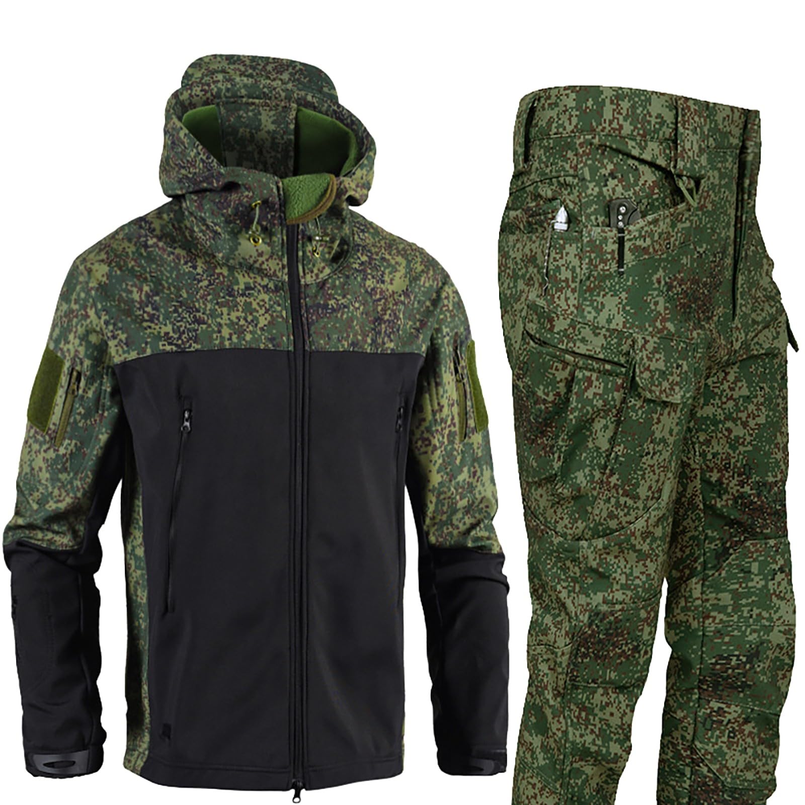 Męski taktyczny zestaw dresowy, kurtka kamuflażowa i spodnie, 2-częściowy strój wojskowy dla mężczyzn, wodoodporny softshell, bluza z kapturem i spodnie cargo, zestaw odzieży bojowej, wędrówki