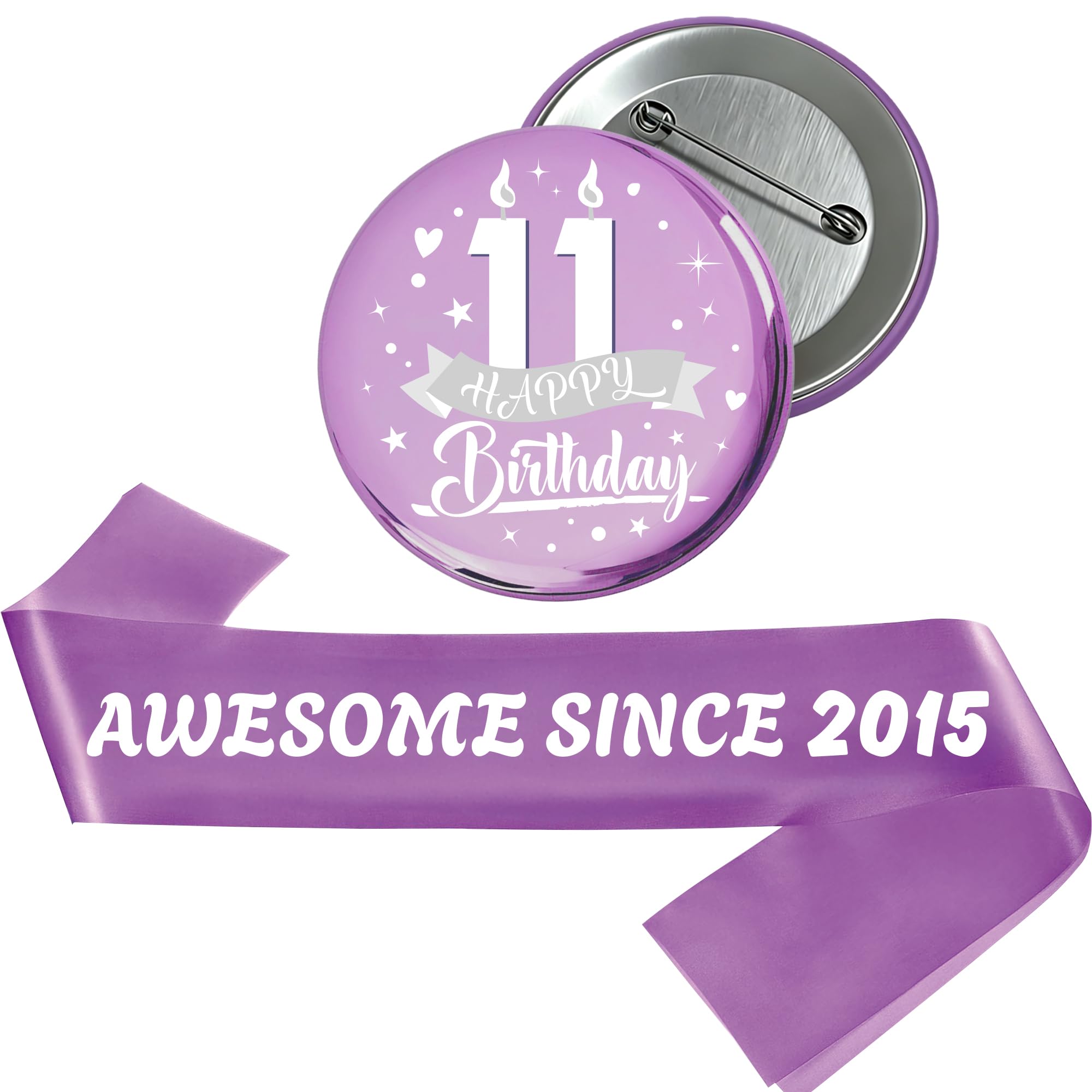11th Birthday Sash Badge Kit - 2 Pcs Purple Awesome Since 2015 Sash 11 Happy Birthday Badge for Girls Happy 11 Year Old Birthday Decorations Supplies Party Gifts and Photo Props