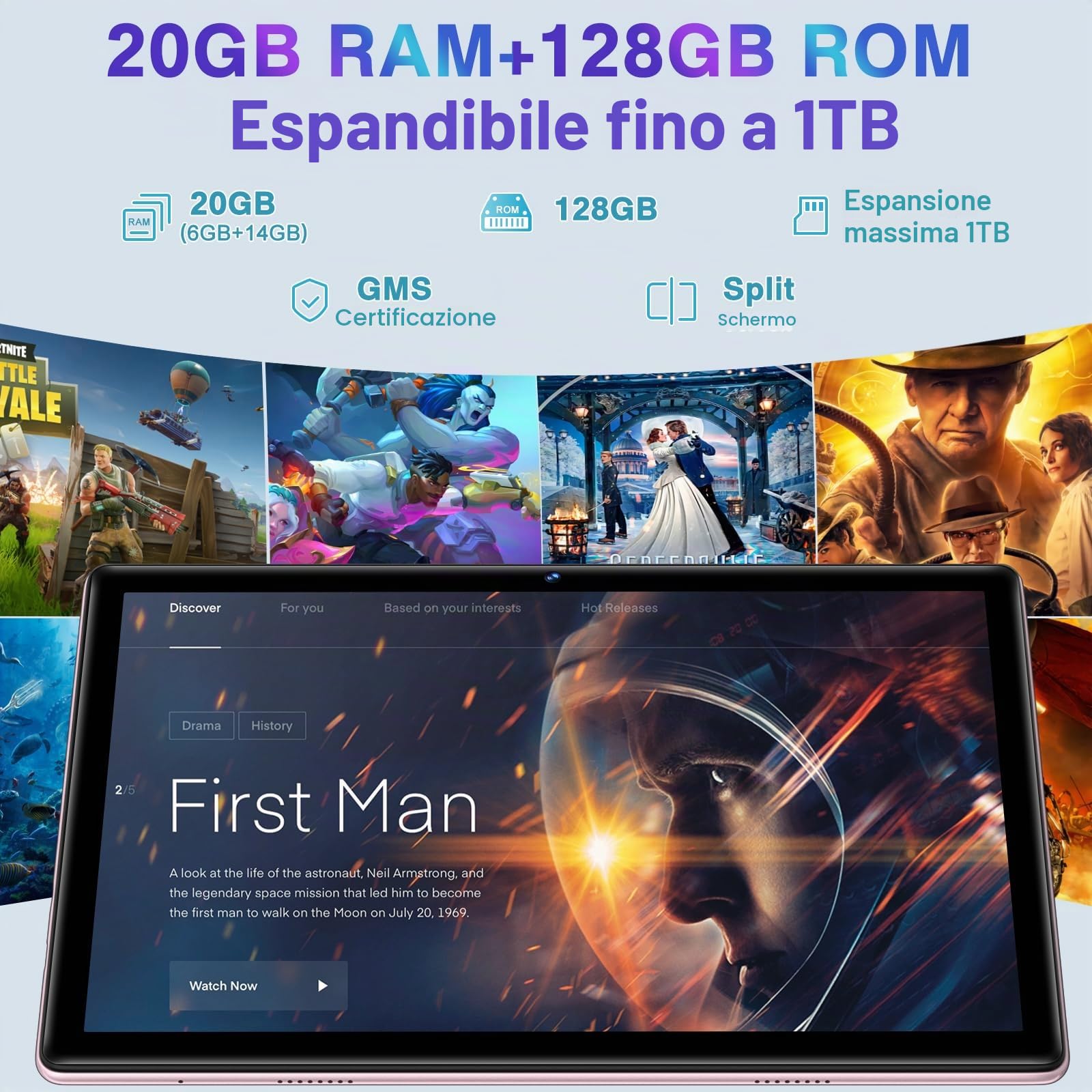 Tablet 10 Pollici Android 14 Tablets, 20GB RAM + 128GB ROM ( TF 2 TB), Octa-Core/Widevine L1/5G+2.4G Wi-Fi 6/Bluetooth 5.0/6000 mAh/Widget/8+5 MP/GMS, Tablet 2 in 1 con Tastiera e Mouse -Oro Rosa