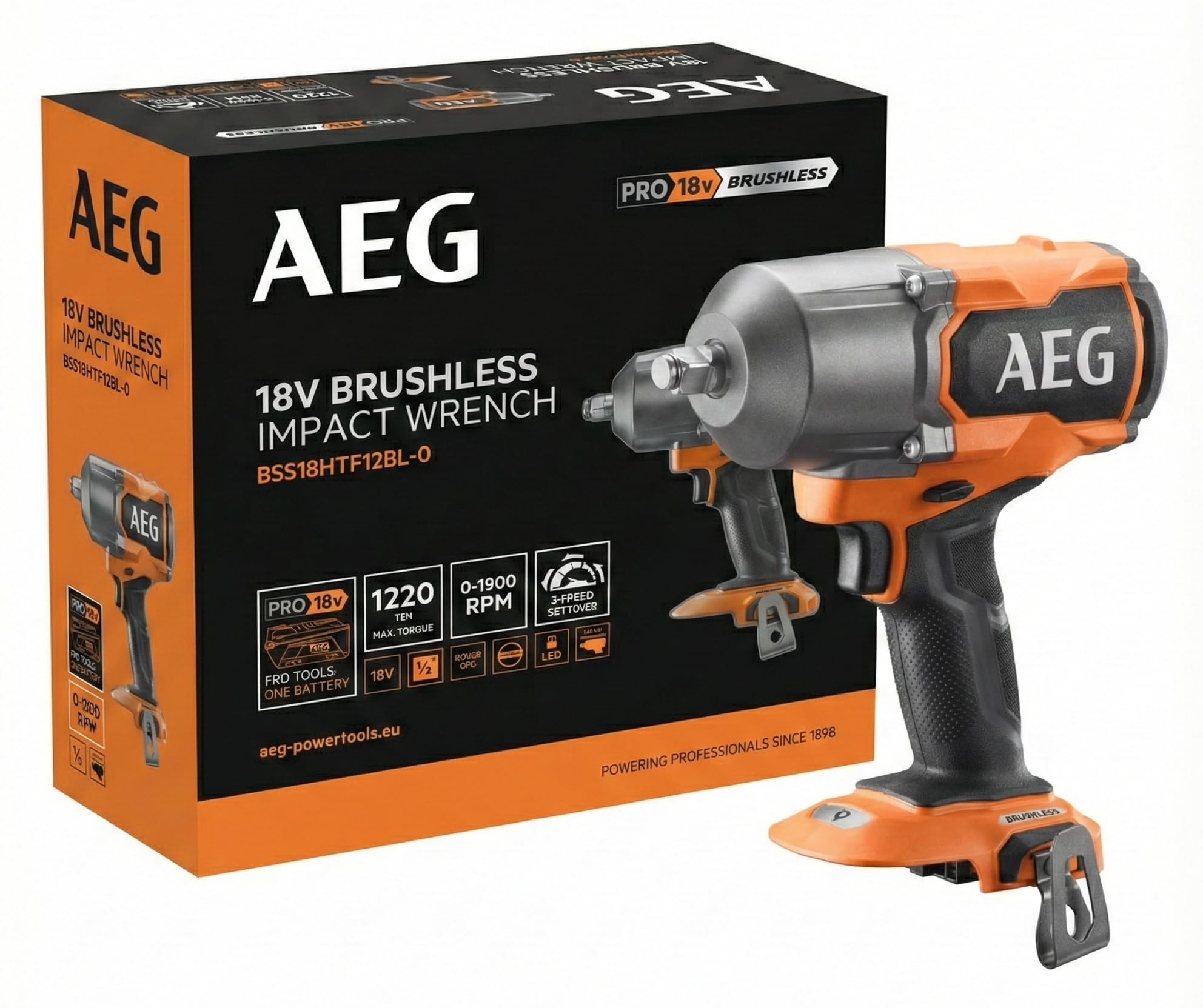 AEG - Avvitatore a percussione 18 V BRUSHLESS, 1220 Nm in serraggio, 1627 Nm in distensione, 3 modalità + autostop, quadrato 1/​2", (senza batt. né caricabatterie) - BSS18HTF12BL-​0