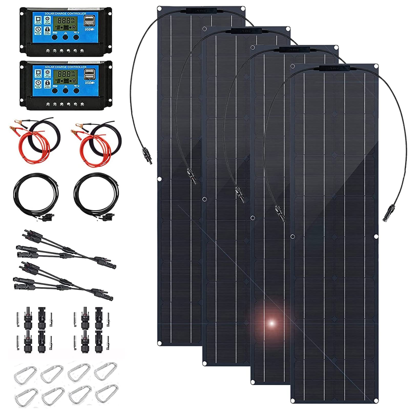 Kit de Panel Solar Flexible monocristalino de 200 W y 18 V, 4 módulos fotovoltaicos de 50 W, Cargadores de batería solares Impermeables para Caravana, Barco, Cabina, cobertizo, Coche, Camping