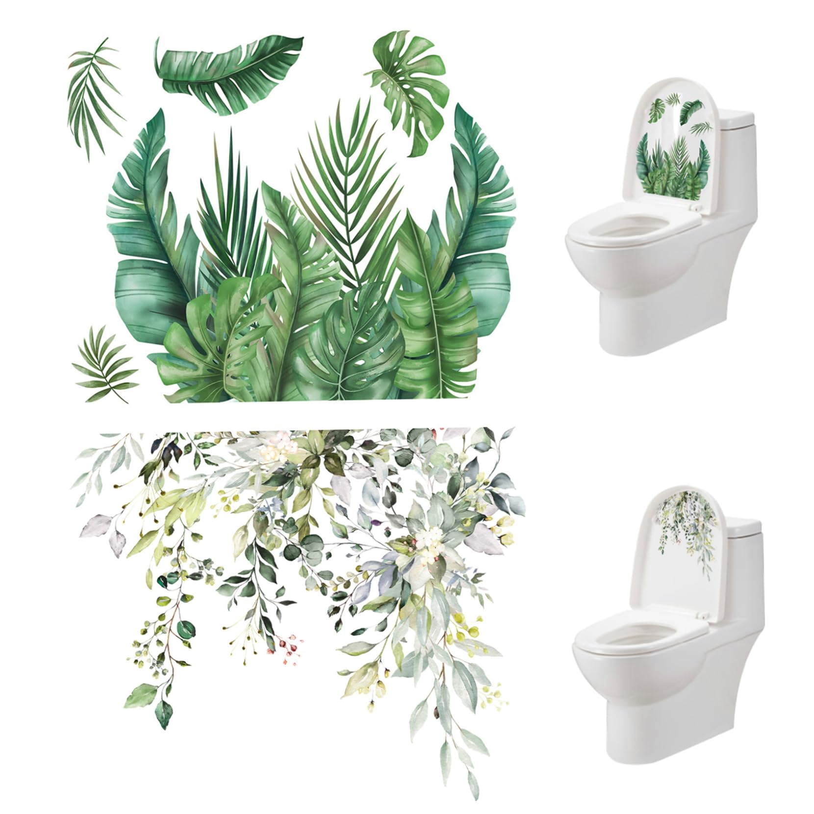 Bemonew Toilet Stickers 2Pcs Plant Leaves Flowers Toilet Seat Lid Stickers DIY Removable Waterproof Self-Adhesive Bathroom Wall Sticker Decals Decor