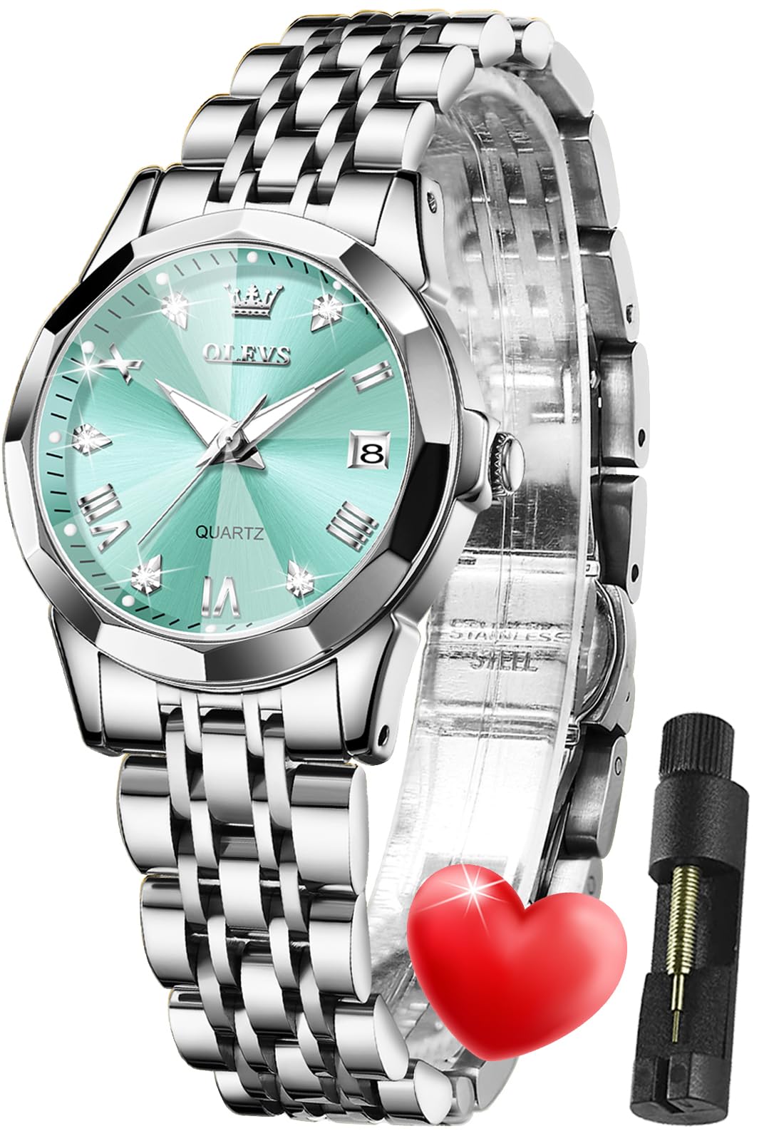OLEVS Damen Uhr Quarzuhr mit Diamant Edelstahlarmband Wasserdicht Datumsanzeige Elegante Damenuhr für Frauen Geschenke zum Muttertag