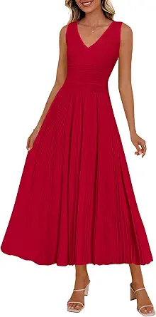 PrettyGarden Summer Dresses for Women 2026 Spring Casual Sleeveless V-Neck Pleated Midi Dress