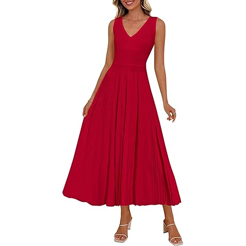 PRETTYGARDEN Summer Dresses for Women 2026 Spring Casual Sleeveless V Neck Pleated Midi Work Cocktail Wedding Guest Dress