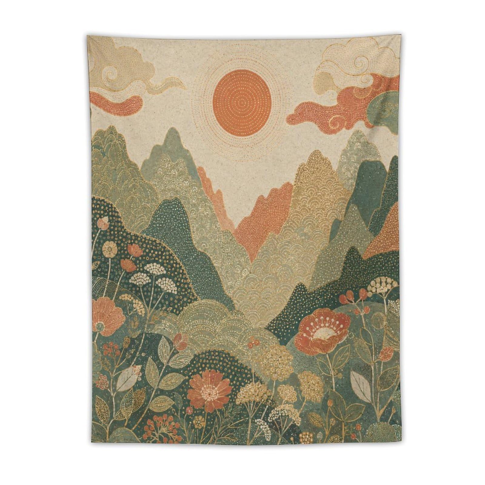 H3B8U2Y5 Mountain Garden Sunrise Wall Tapestry, Impressionist Style