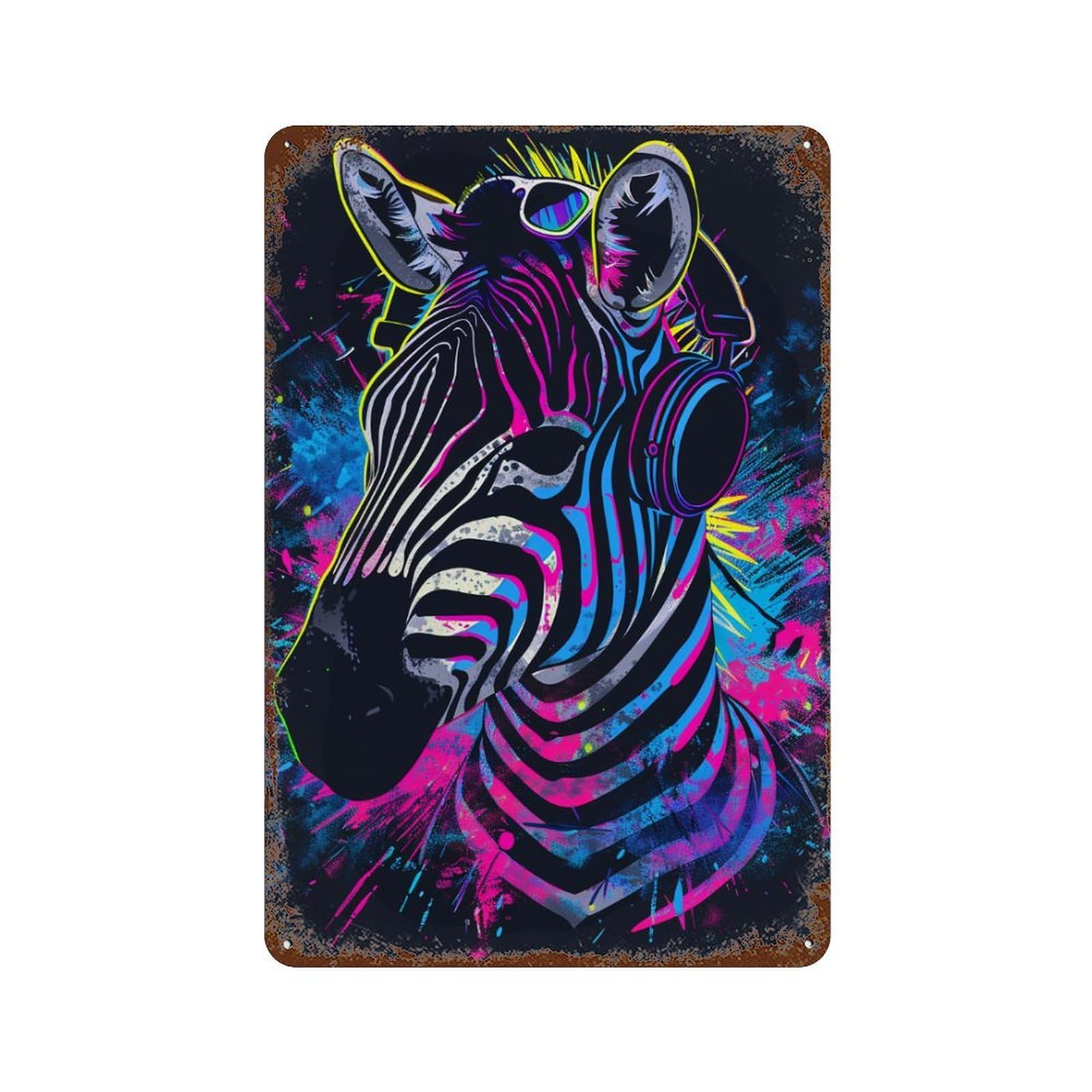 Rust Effect Neon Zebra Headphones Art Print Rusty Metal Tin Sign 11.8"x7.9", Industrial Home Decor for Living Room, Hallway And Home Decor