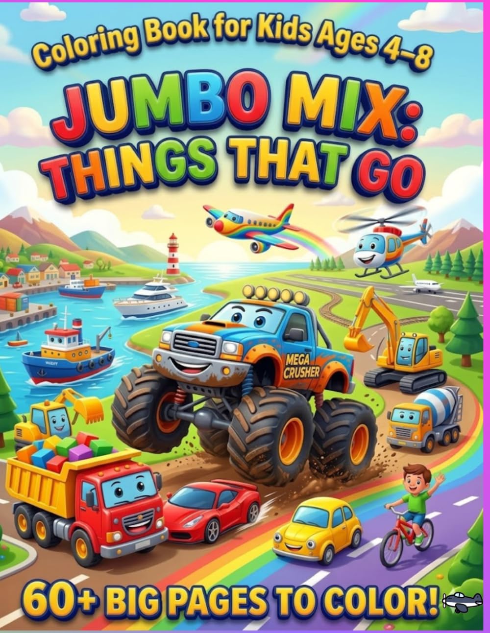 Jumbo Mix: Things That Go Coloring Book for Kids Ages 4-8: Over 60 Big Pages of Cars, Trucks, Monster Trucks, Airplanes & More | Fun and Easy Vehicle Coloring Book for Kids Ages 4-8