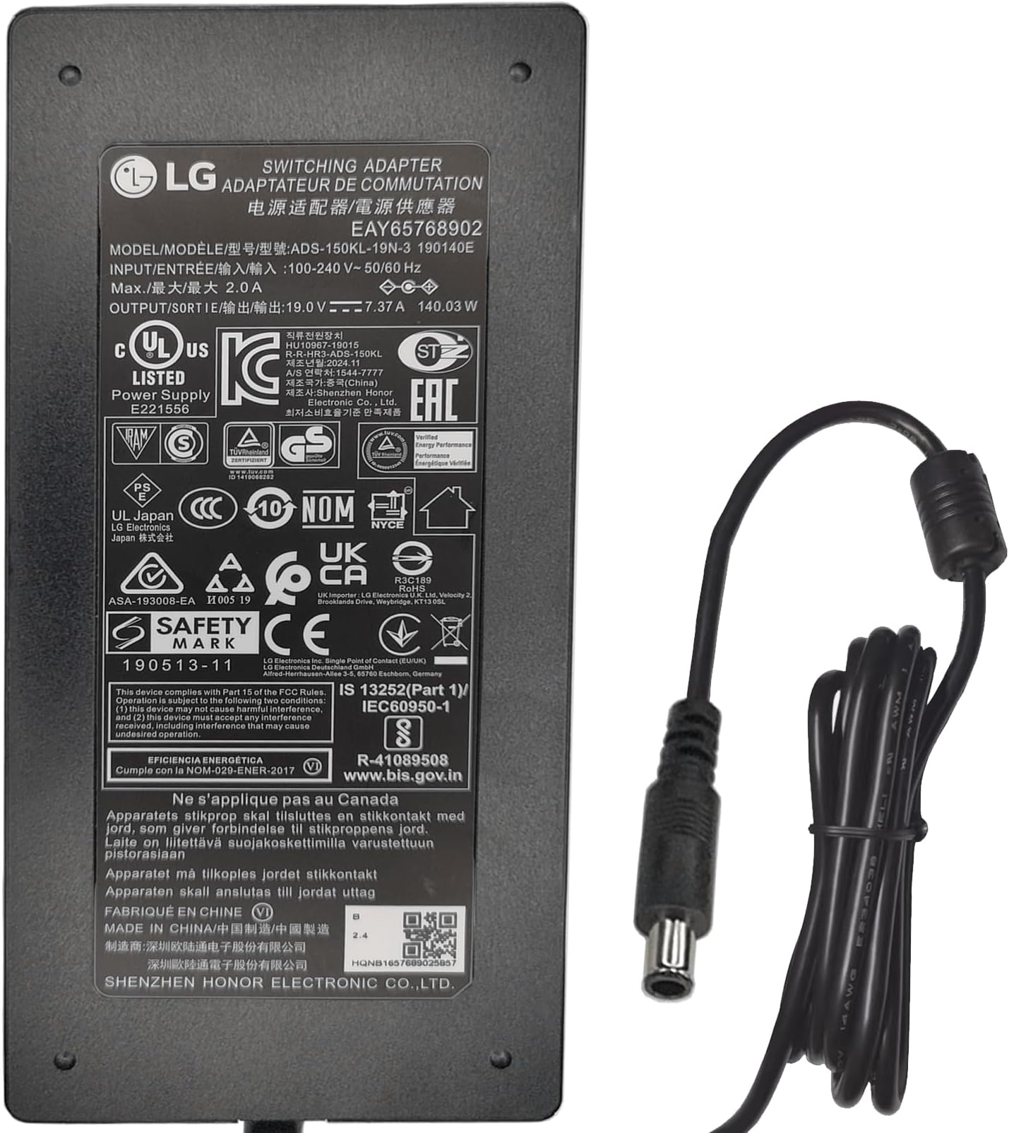 Genuine 19V 7.37A UL AC/DC Adapter for LG 34" 45" 27" Monitor 34UC97 S 34YM95C 45UM94 34UM95C P UM95 27UD88 27UK850 W Curved Ultrawide 4K UHD LED LCAP31 EAY62949001 DC19V 140W Power Supply Charger PSU