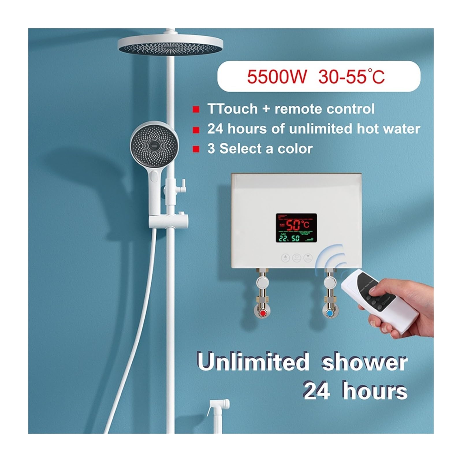 Scaldabagno Elettrico Istantaneo, Mini Scaldabagno Elettrico LCD 5500W Senza Serbatoio Istantaneo Bagno Di Casa Doccia Acqua Calda Riscaldamento Rapido Telecomando per RV Cucina Bagno(WHITE,220 3000W)