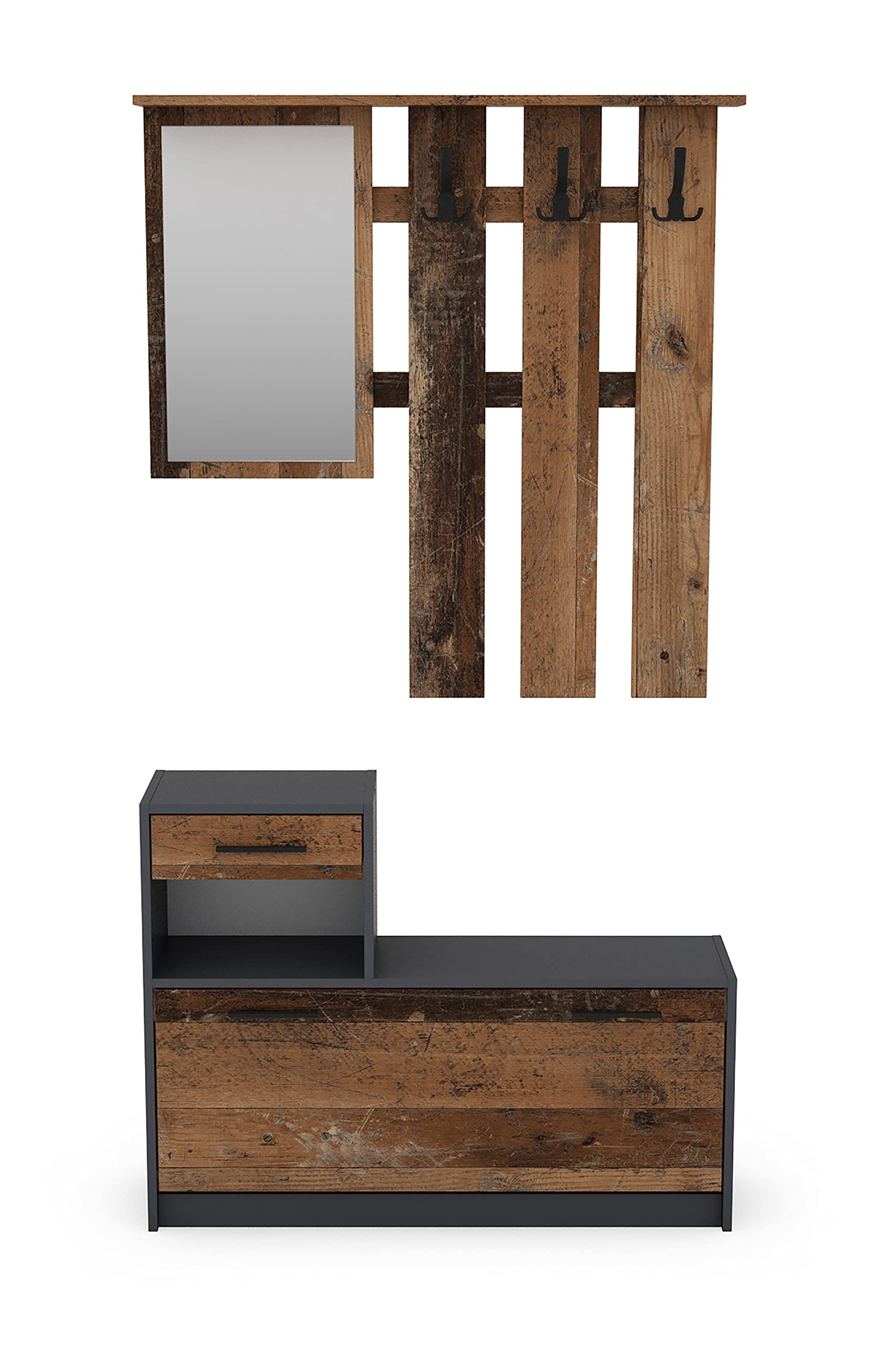 byLIVING Garderoben-Set Tamina/Kommode mit Schuhschrank + hängende Garderobe mit Spiegel/anthrazit Flur-Schrank/Schränke/Regal Braun-Old Style B 97, H 190, T 25 cm