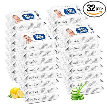 EVELANCE Baby Wet Wipes with Lid, Flip-top Enriched With Glycerine and Aloe Vera with 98% Pure Water(3 times thicker wipes) Pack of 32
